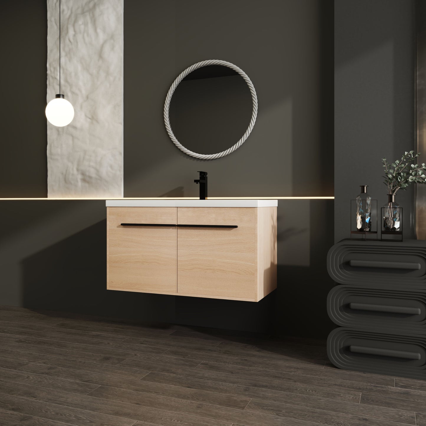 Bathroom Vanity With Resin Countertop Sink, 2 Doors Cabinet Set - Oak
