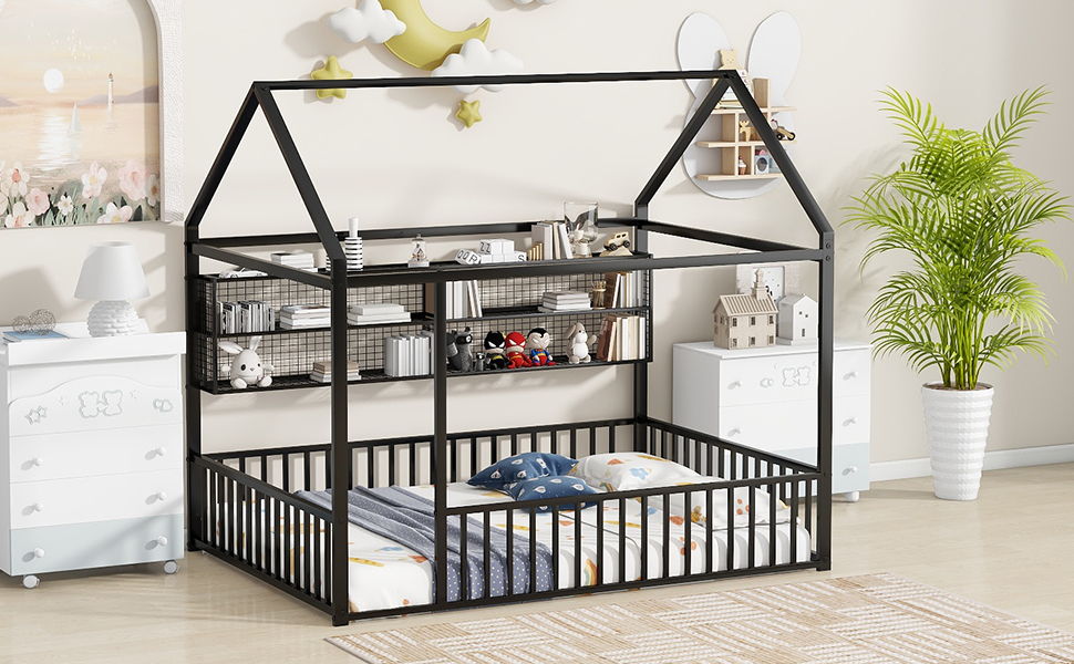 Full Size Bed House Frame With Fence And Shelves - Black