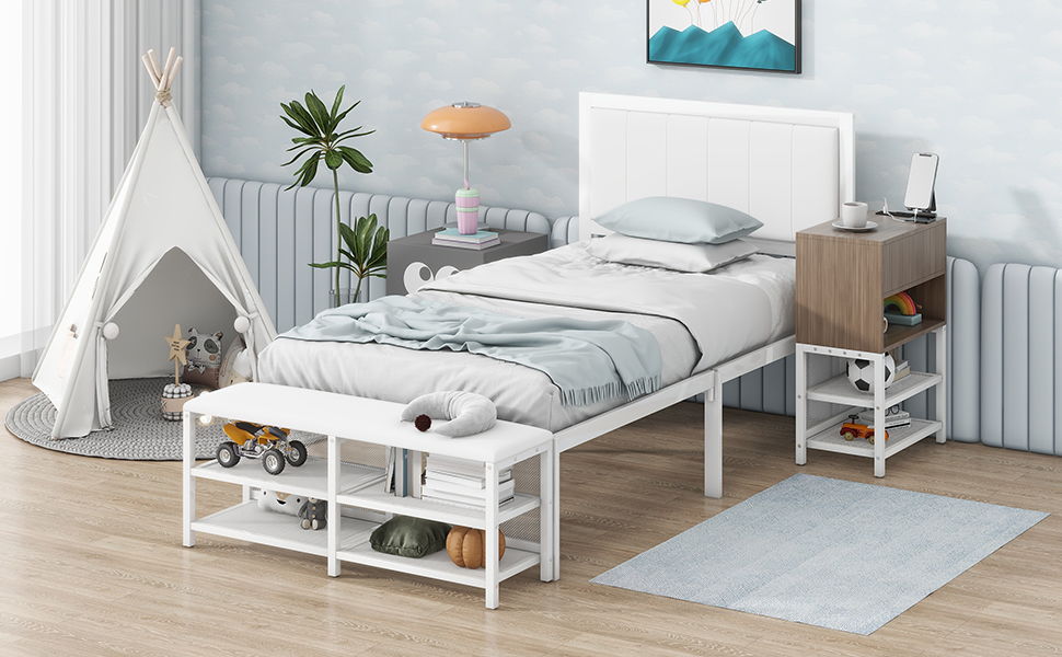 Twin Size Platform Bed With 2 Tier Storage Shelves, Storage Cabinet - White
