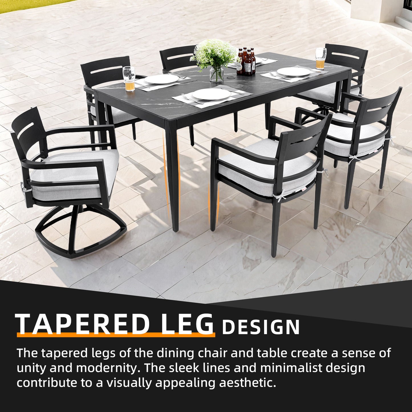 7 Pieces Modern Outdoor Patio Dining Set, Rectangular Table, 4 Chairs & 2 Swivel Rockers, Sunbrella Cushions - Ember Black