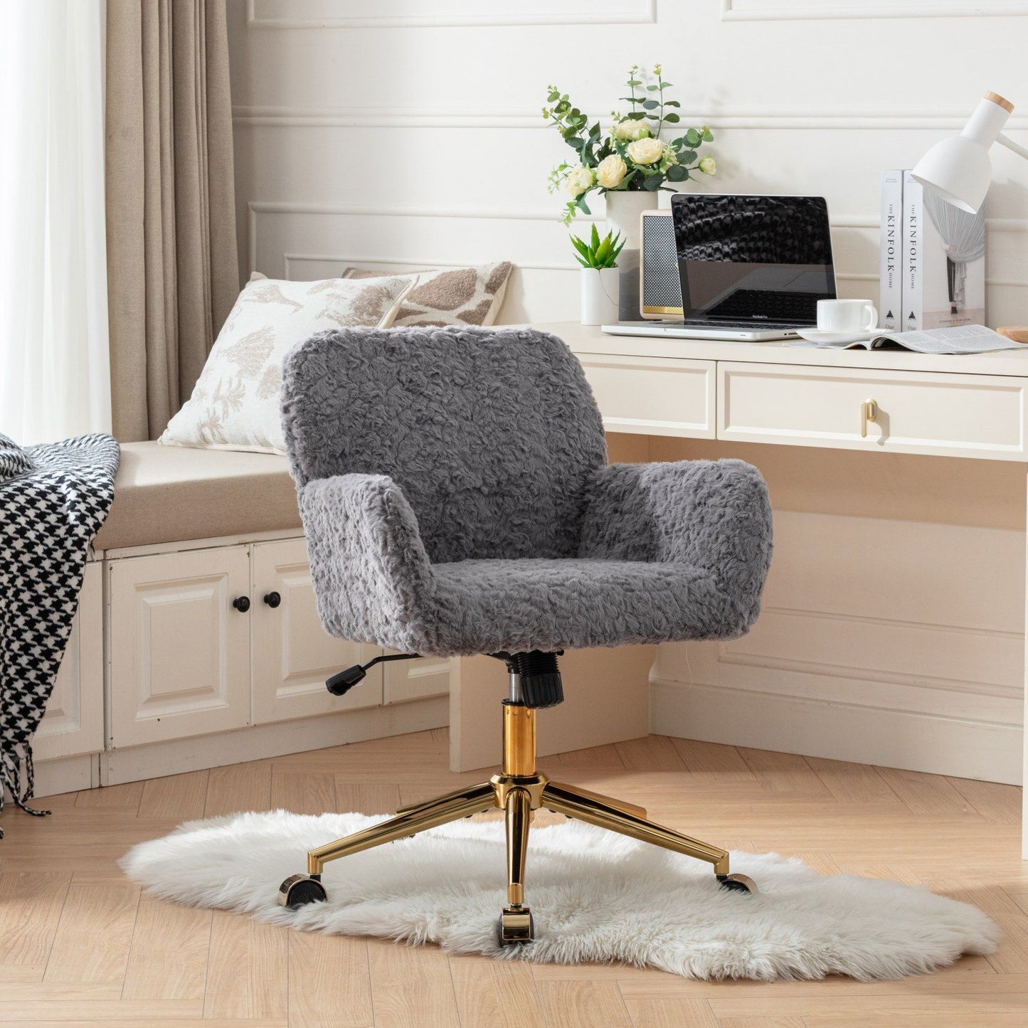 Office Chair, Artificial Rabbit Hair Home Office Chair With Golden Metal Base, Adjustable Desk Chair Swivel Office Chair, Vanity Chair - Gray