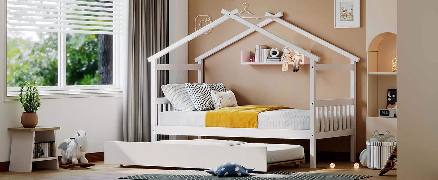 Twin Size House Bed With Twin Size Trundle - White