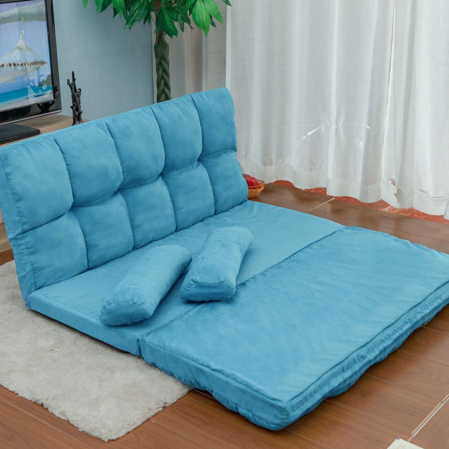 Double Chaise Lounge Sofa Floor Couch And Sofa With Two Pillows - Blue