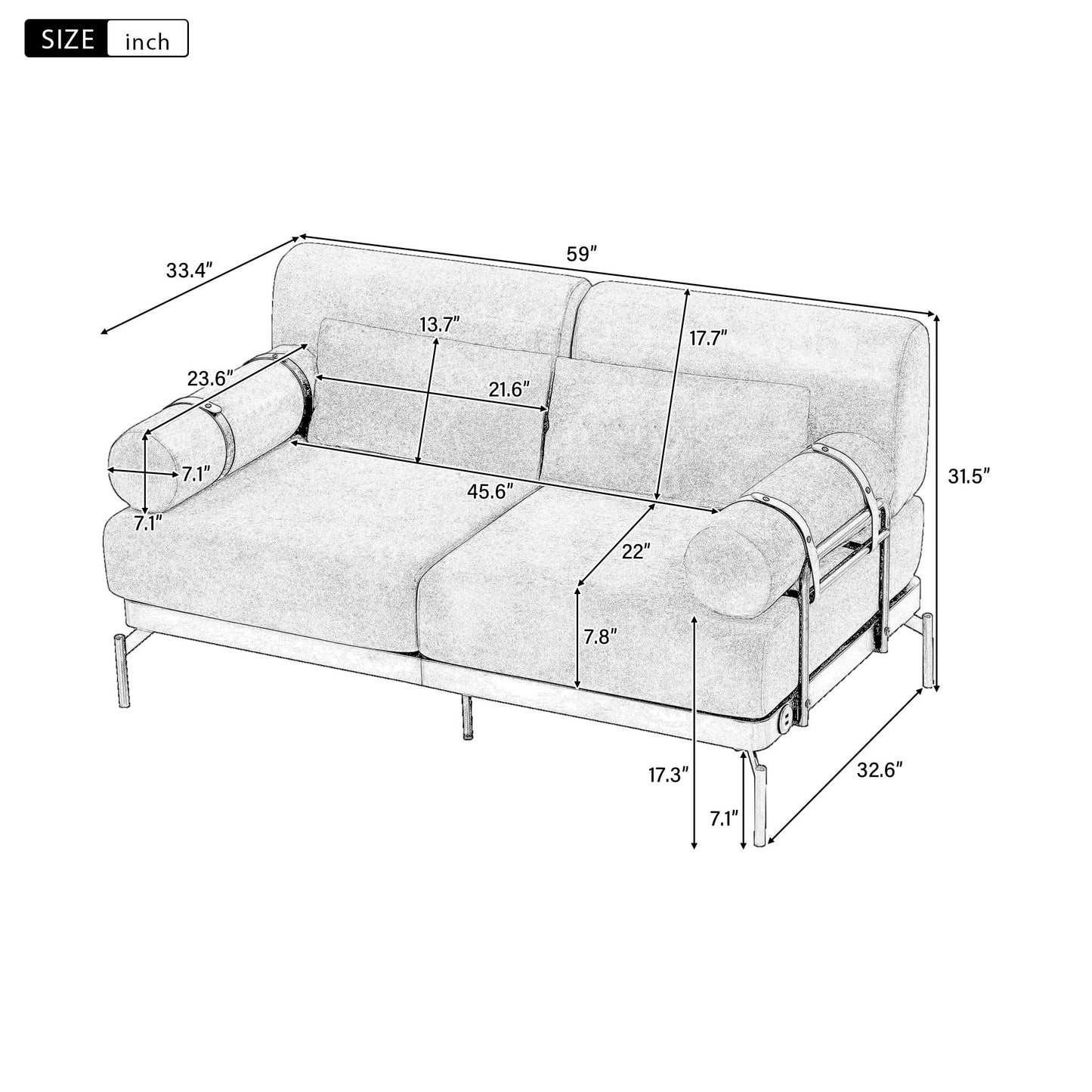 Modern Loveseat Sofa 2 Seater With USB Ports, Cylindrical Armrests - Green