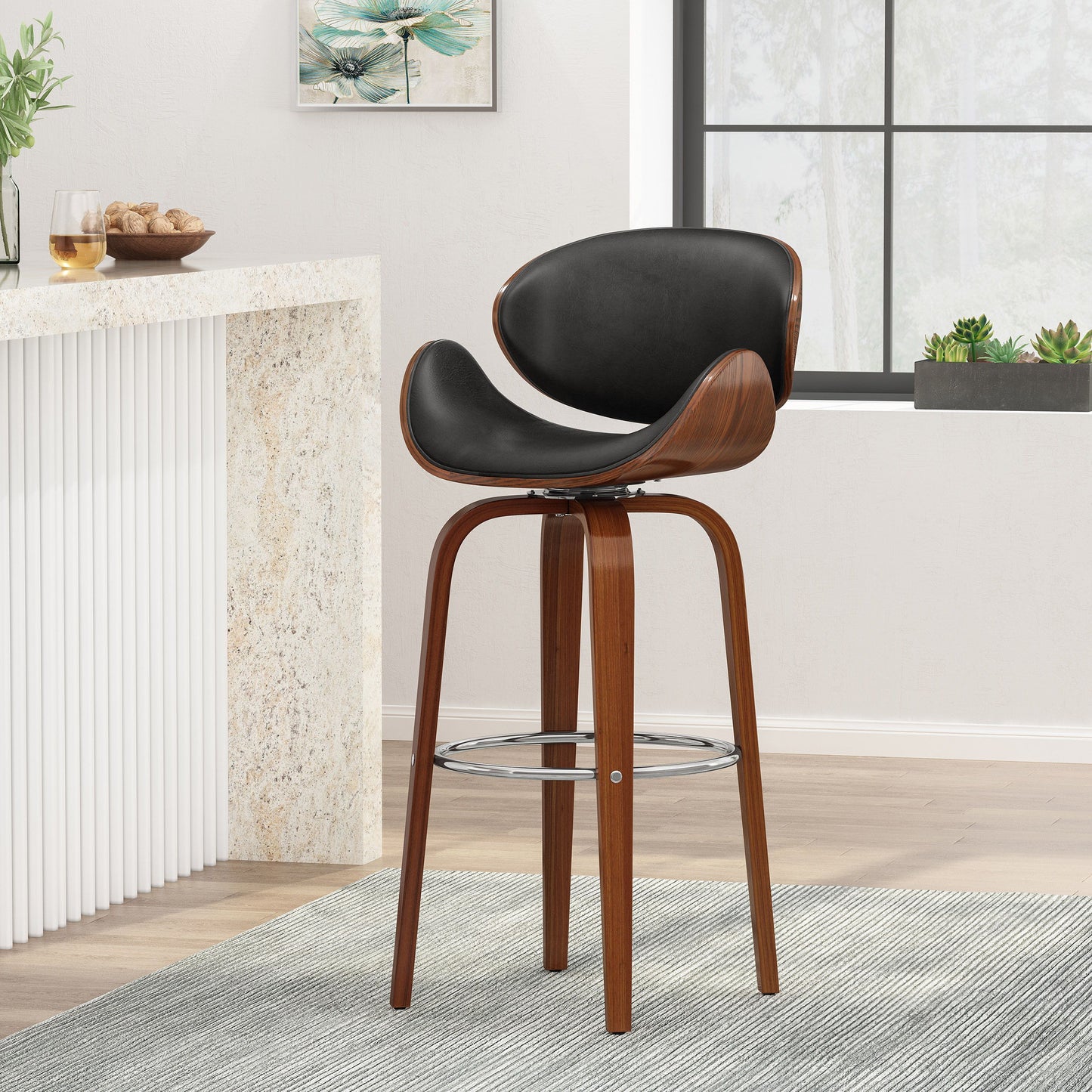 Lumos - Mid Century Modern Upholstered Swivel Barstool - Walnut / Black