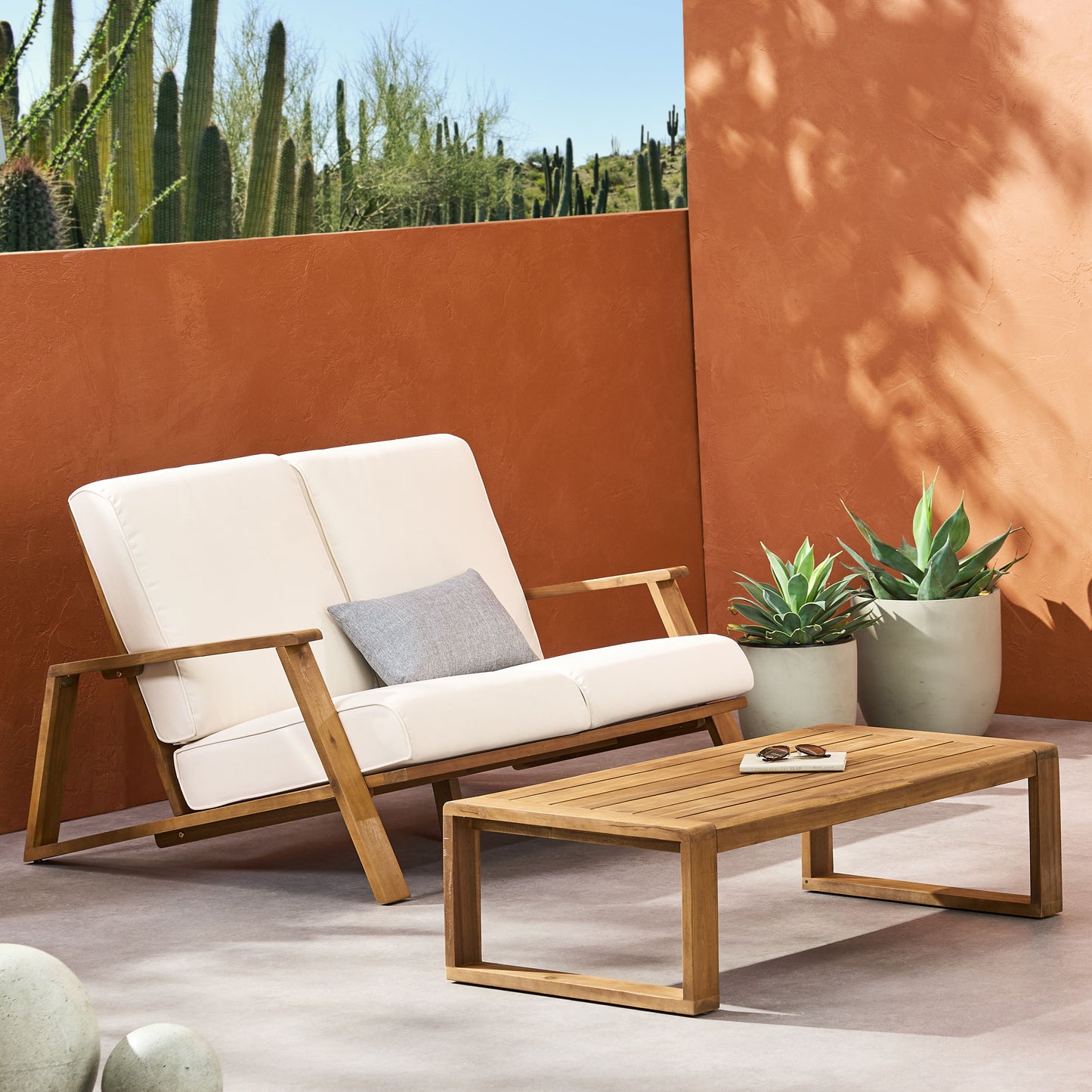 Paloma - Loveseat And Coffee Table Set With Adirondack Design Acacia Wood And Waterproof Fabric - Teak / Beige