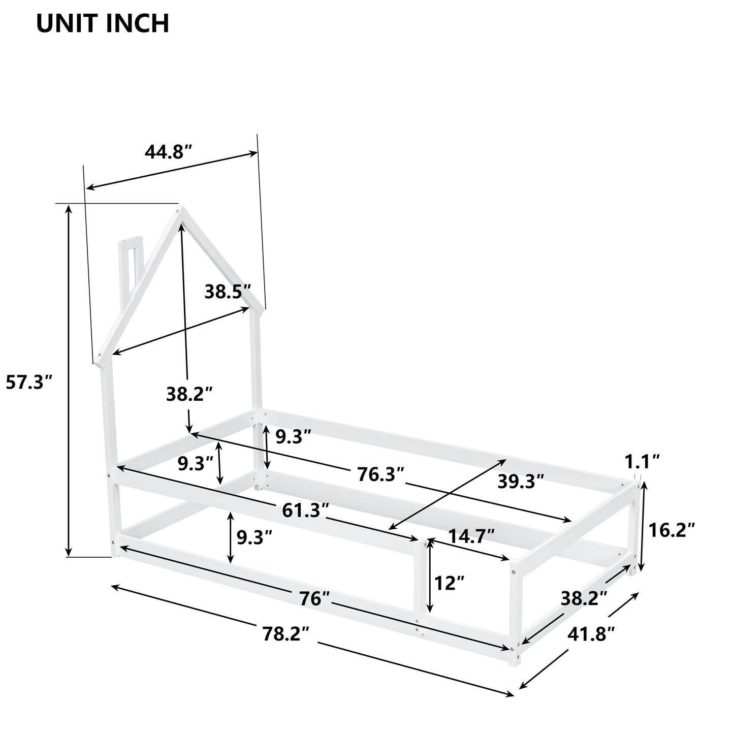 Twin Size Wood Bed With House-Shaped Headboard Floor Bed With Fences - White