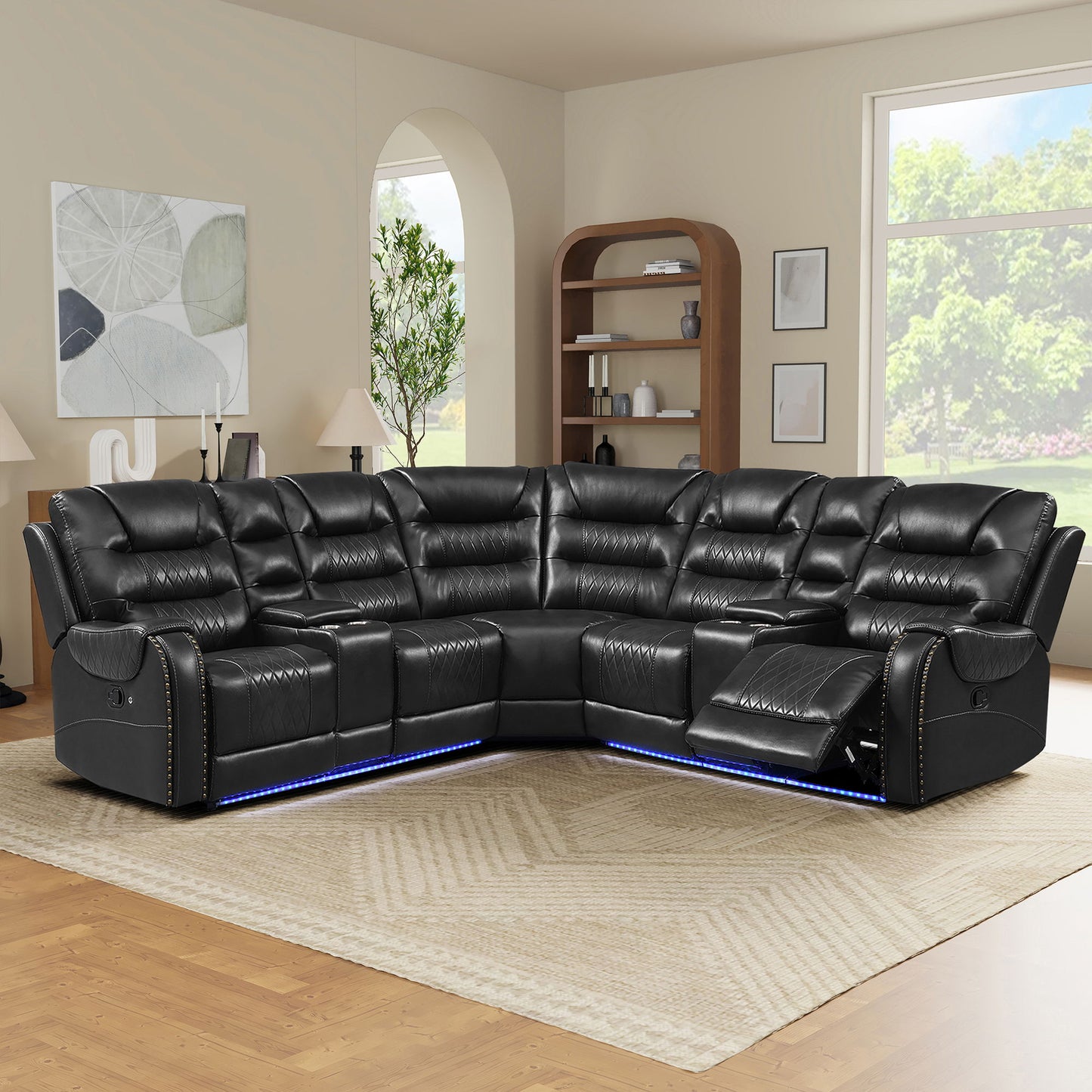 Manual Reclining Sectional Sofa Set L Shaped Symmetrical Motion Sofa Corner Couch Sets With Storage Boxes, 4 Cup Holders And LED Light Strip For Living Room - Black