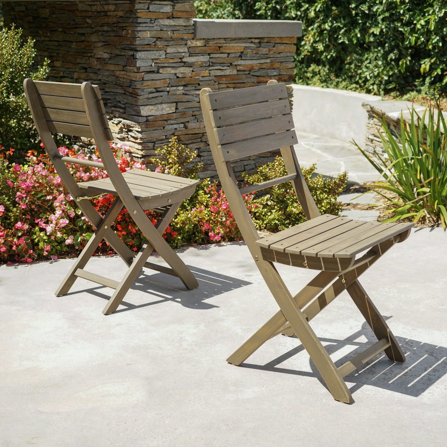 Outdoor Foldable Wood 2 Dining Chair With Slat Design - Gray