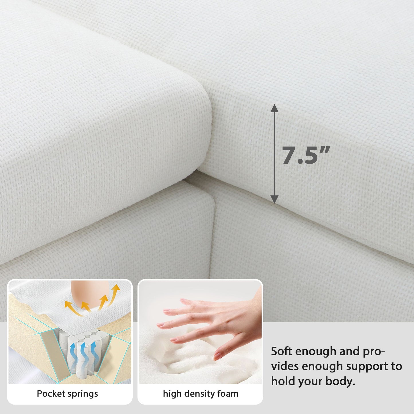 Modern Oversized Sectional Sofa, L-Shaped Luxury Couch Set With 2 Free Pillows, 5 Seat Chenille Indoor Furniture With Chaise - White