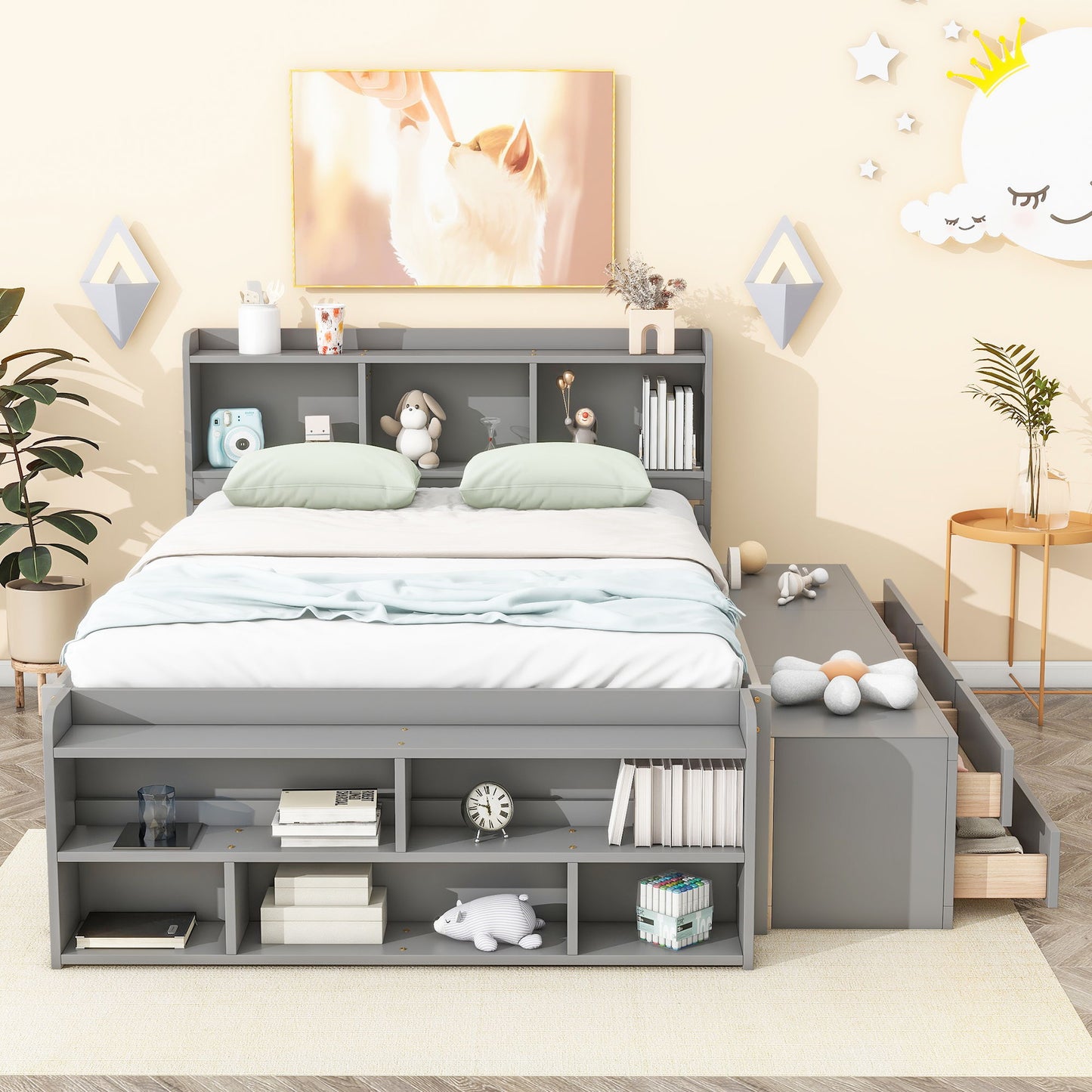 Full Bed With Bookcase Headboard, Under Bed Storage Drawers And Bed End Storage Case - Gray