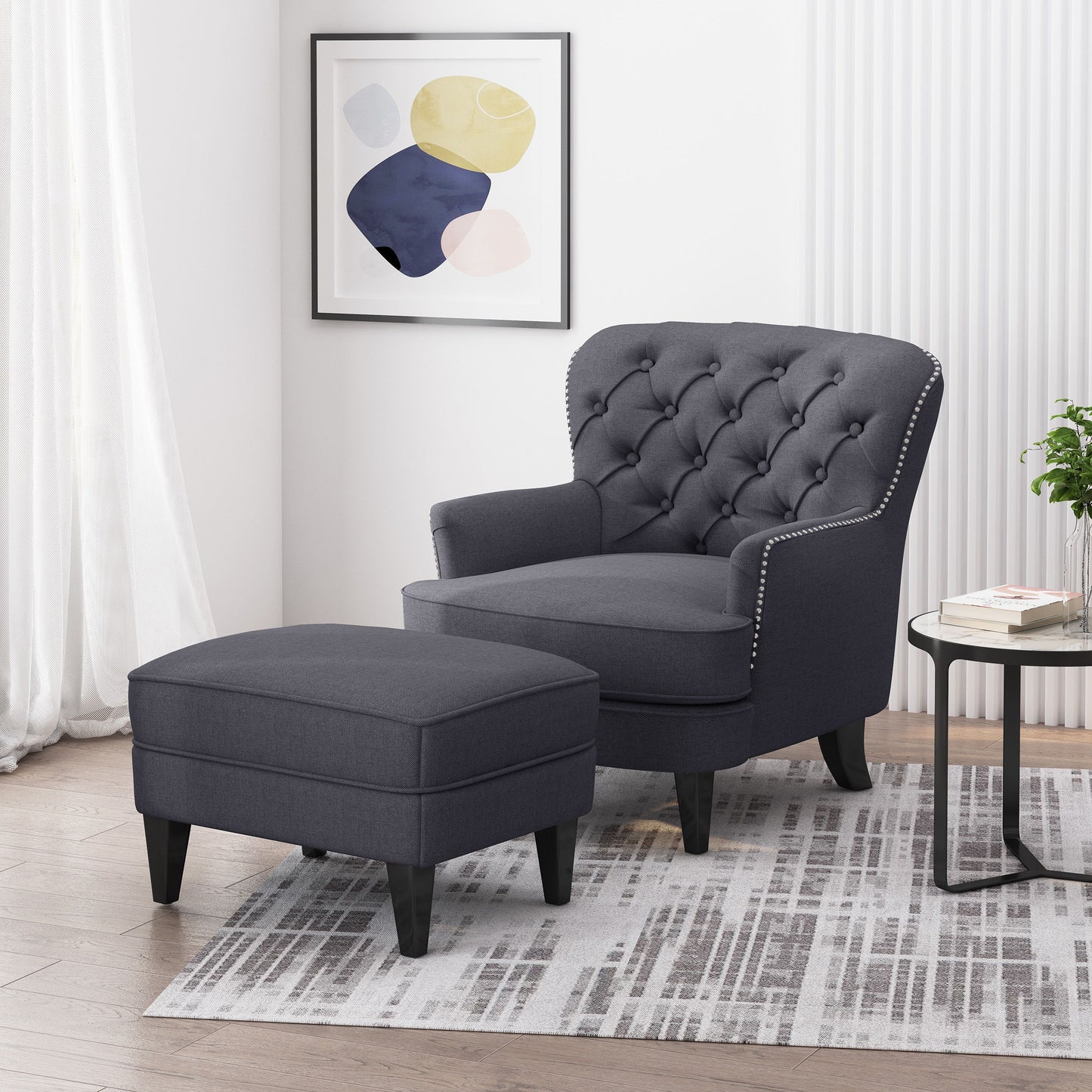 Enchante, Living Room Set With Tufted Back Club Chair And Ottoman - Gray