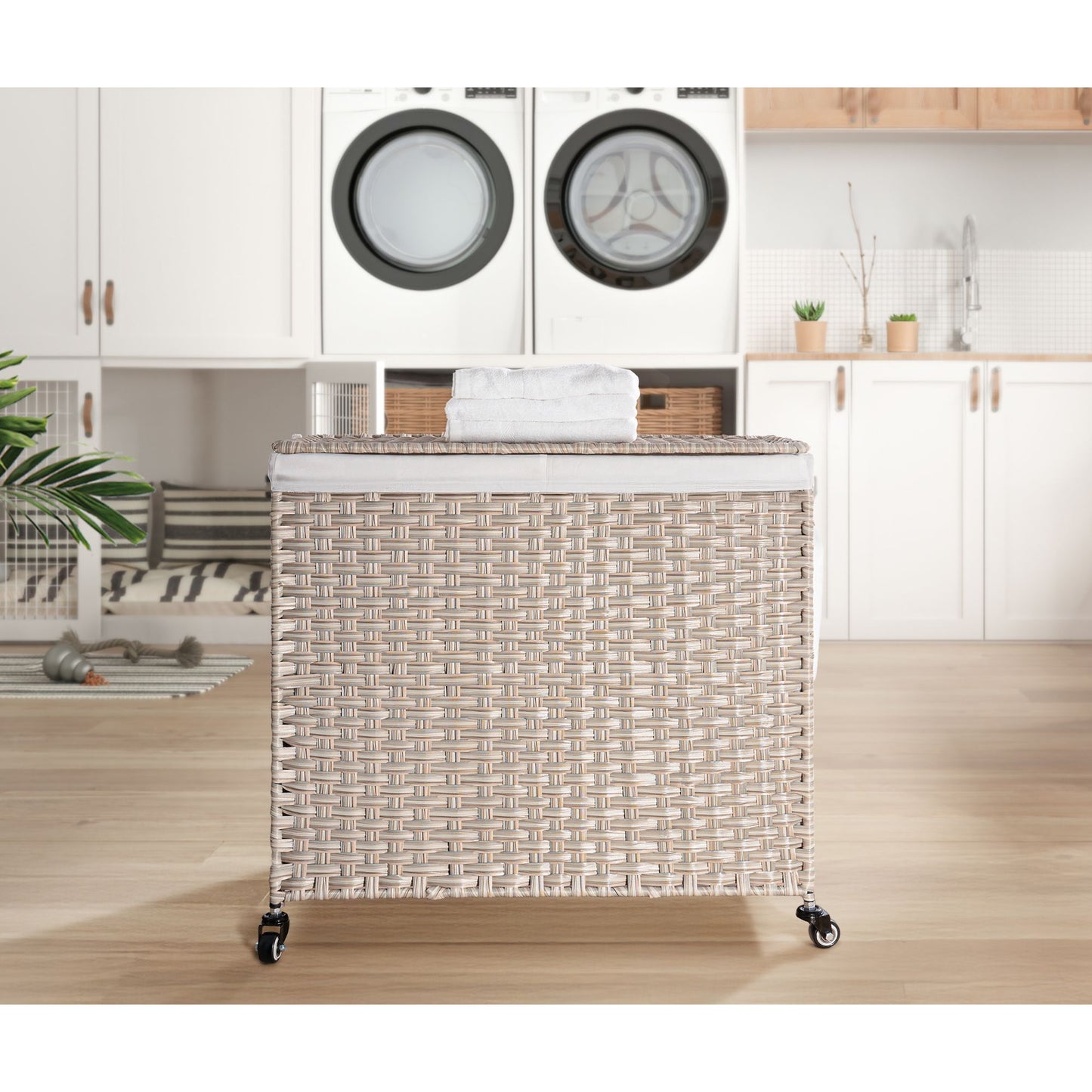 Laundry Hamper With Lid PE Rattan Powder Coating Frame Clothes Hampers With 2 Removable Bags, Wheels, 160L - Gray
