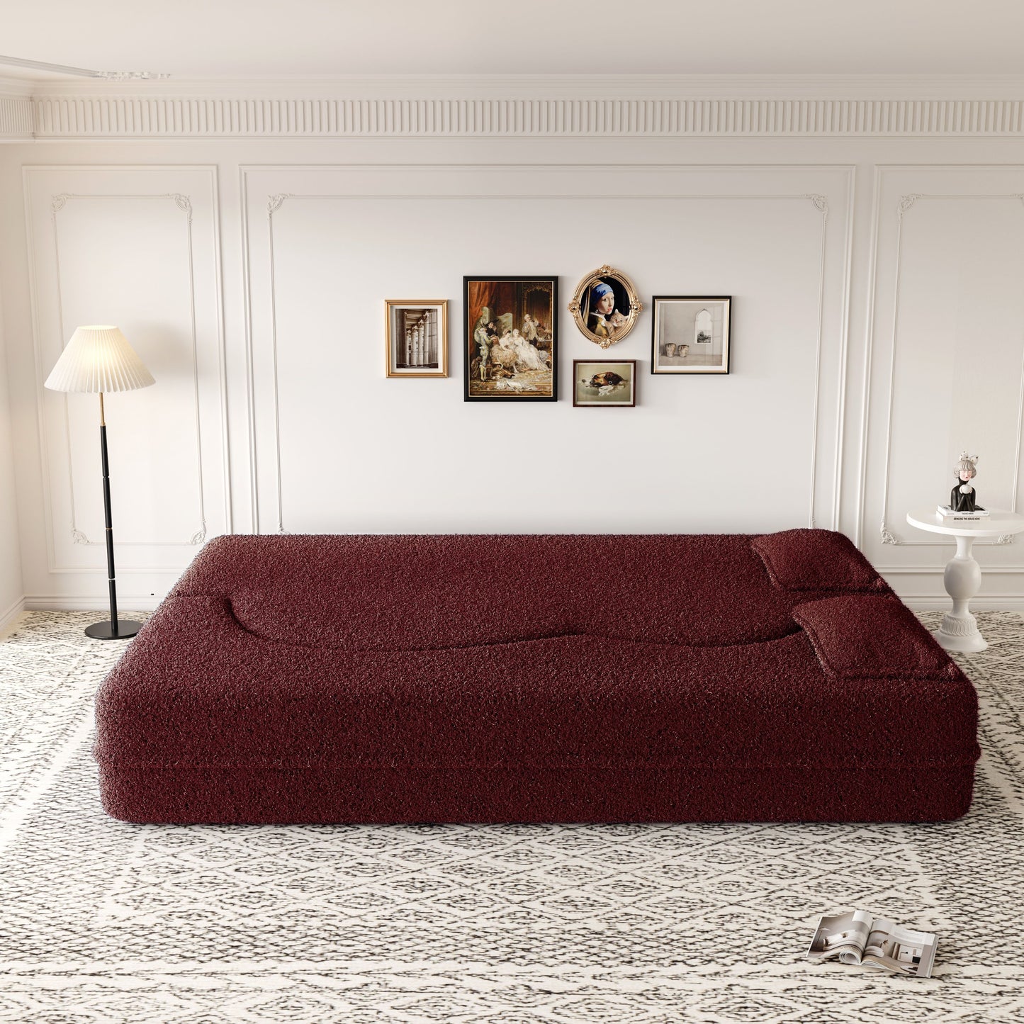 Modern Floor Sofa With 2 Pillows, Convertible Teddy Fabric Foam Filled Sleeper Sofa Bed, Full Size Folding Mattress For Living Room Guest Bed, Playroom, No Assembly Required - Burgundy