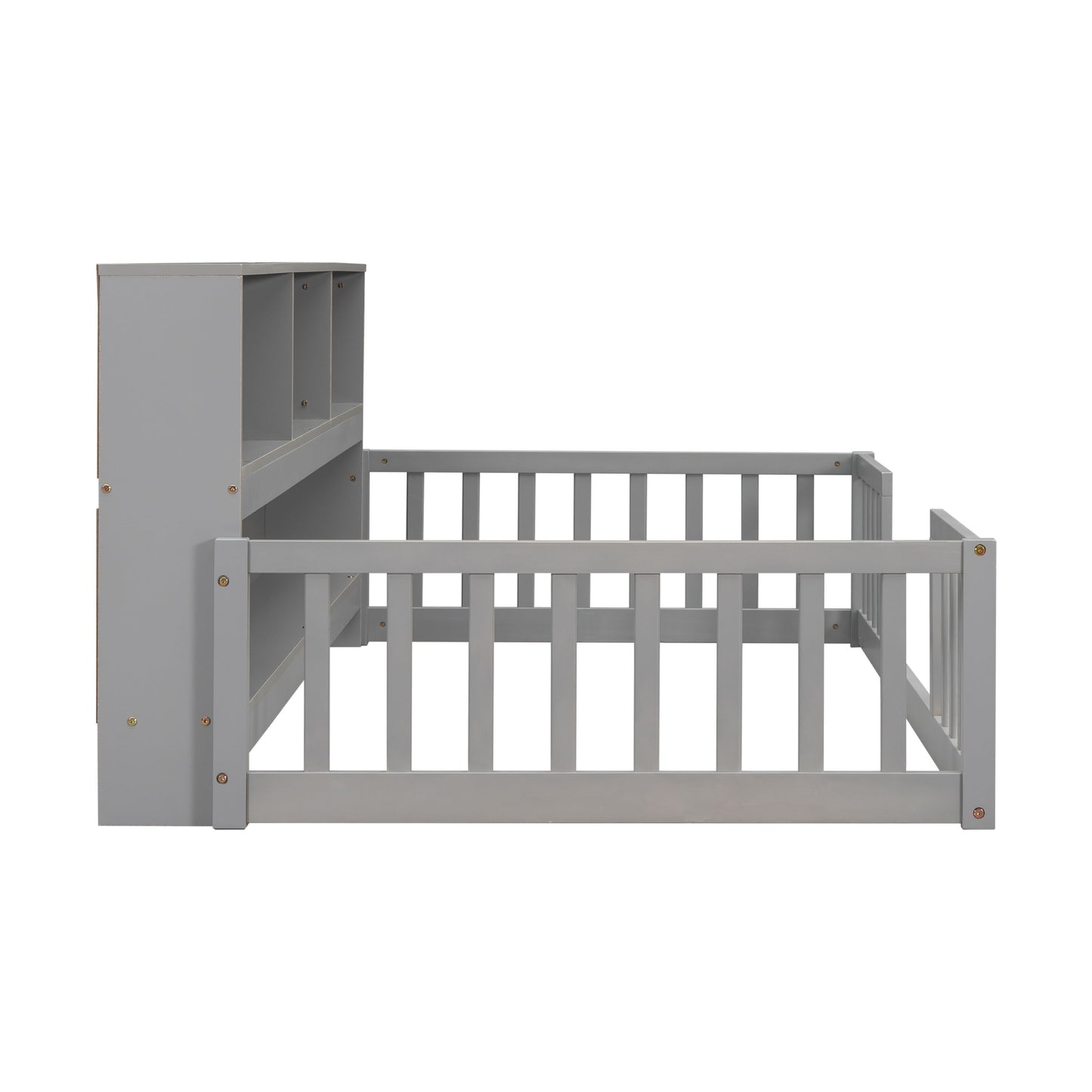 Twin Floor Bed With Bedside Bookcase, Shelves, Guardrails - Gray