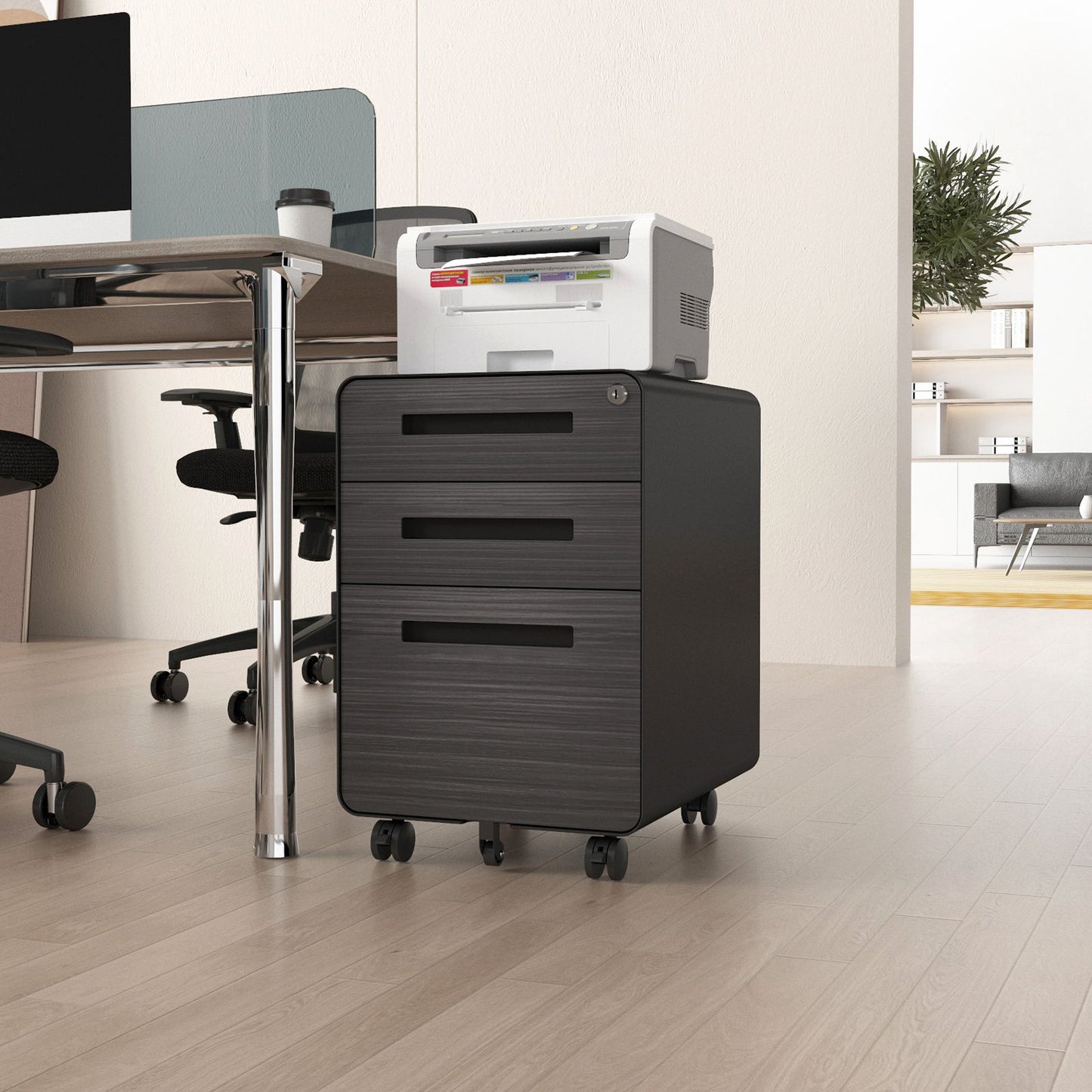 3 Drawer Mobile File Cabinet Under Desk Office, Simple Style Versatile Storage Cabinet, 5 Wheel Design Anti-Tilting Cold Rolled Steel Waterproof Moisture-Proof - Black
