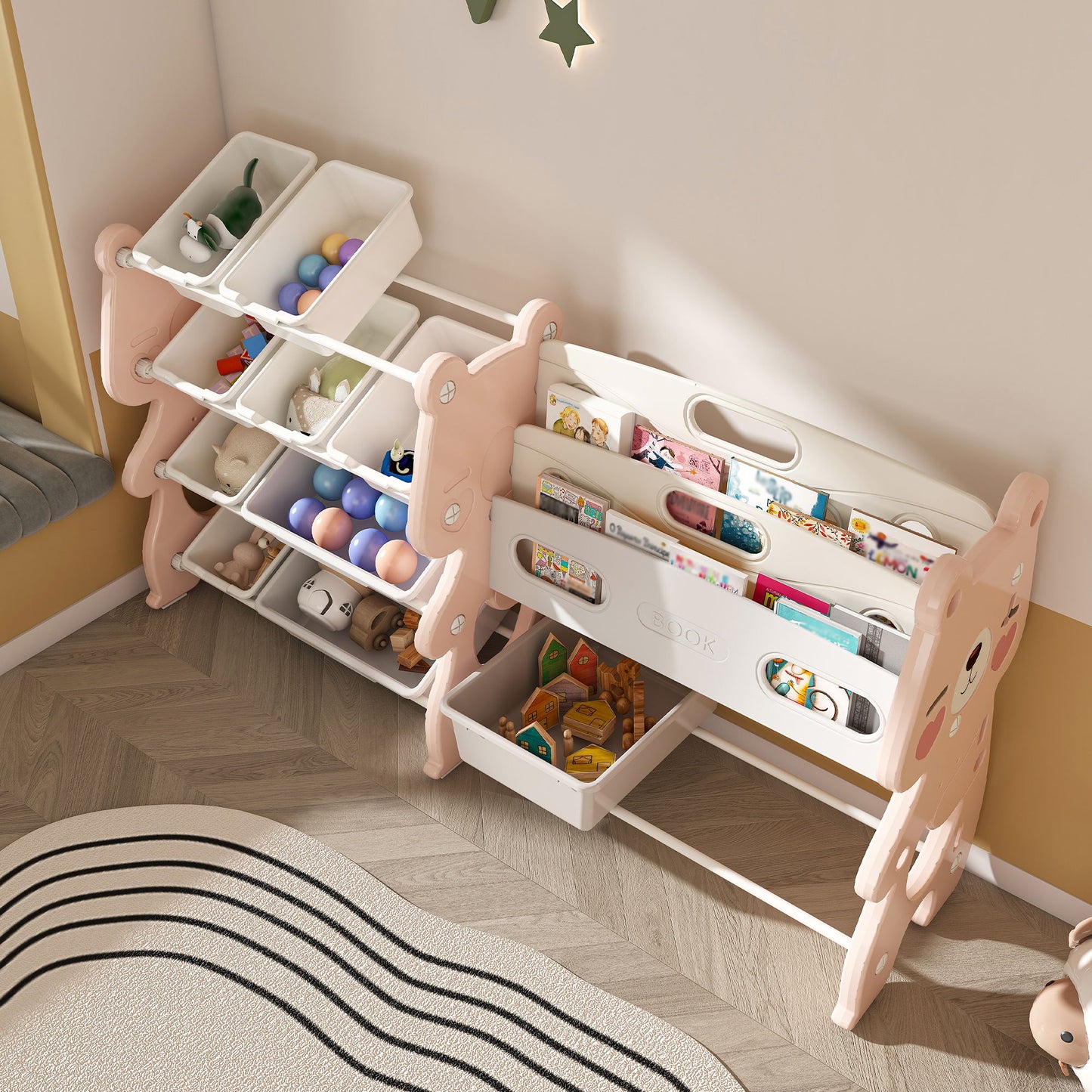 Kids Toy Storage Organizer With 2 Tier Bookshelf And 12 Toy Bins - Pink