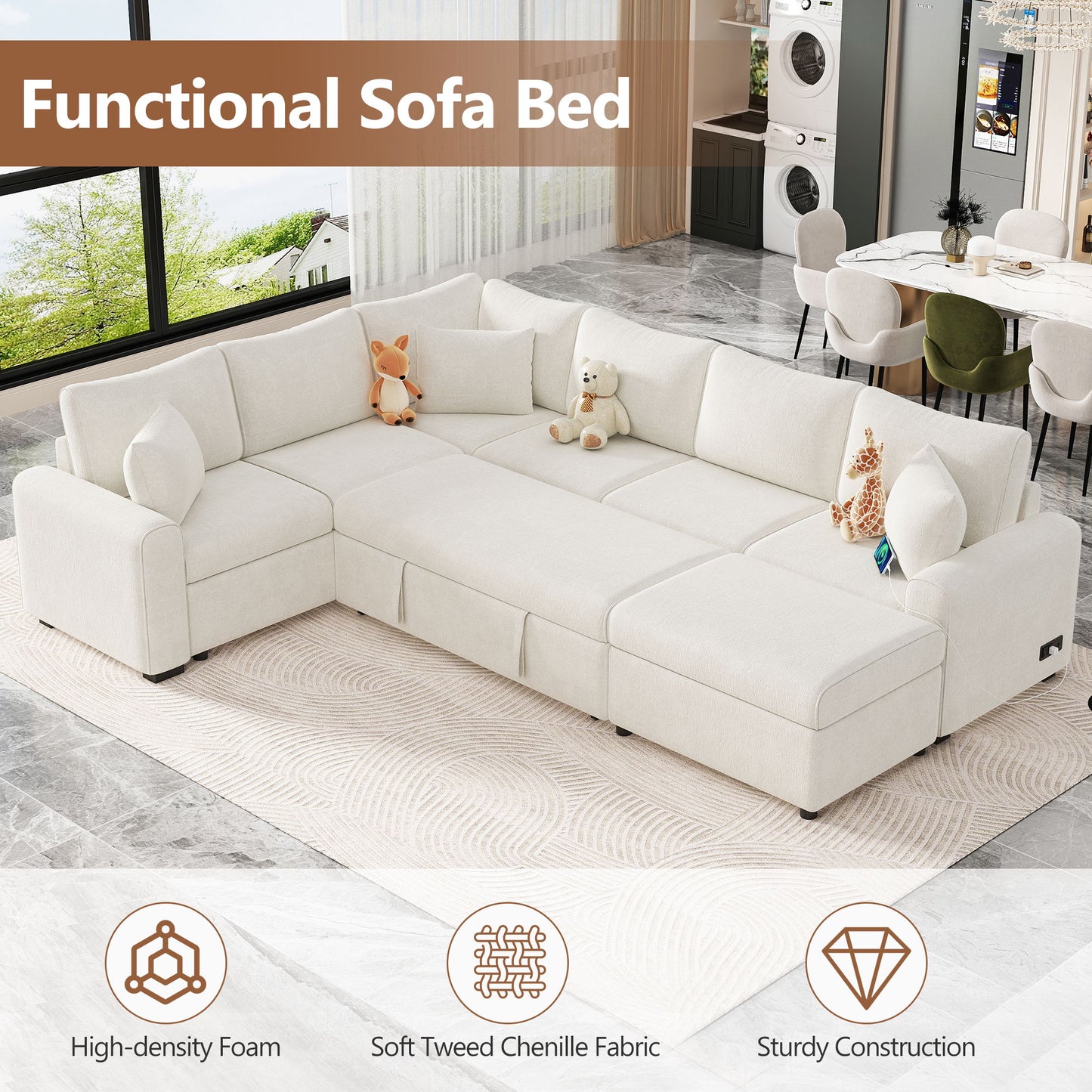 Sectional Sofa Pull-Out Sofa Bed Sleeper With A Storage Ottoman, Three Pillows And Charging Devices For Living Room - Cream