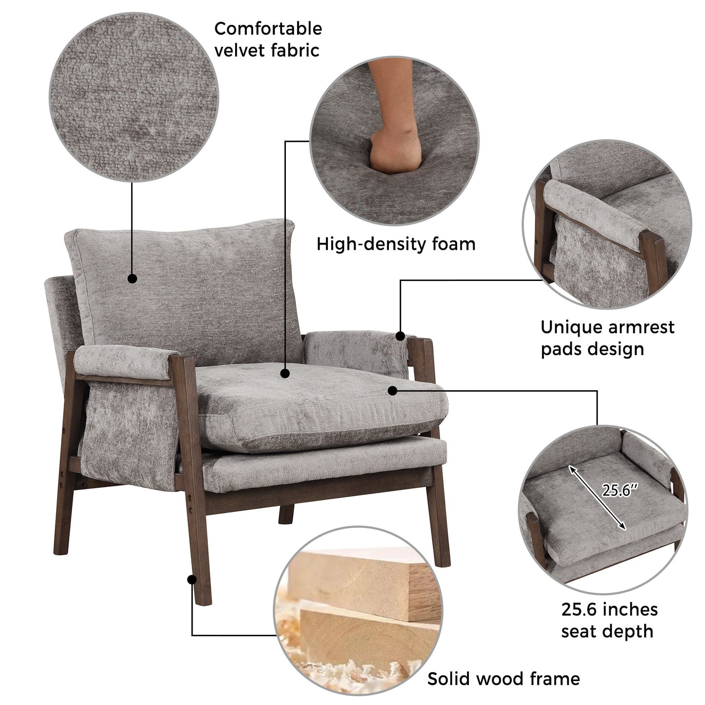 Mid-Century Modern Velvet Accent Chair, Leisure Chair With Solid Wood And Thick Seat Cushion For Living Room, Bedroom, Studio - Gray