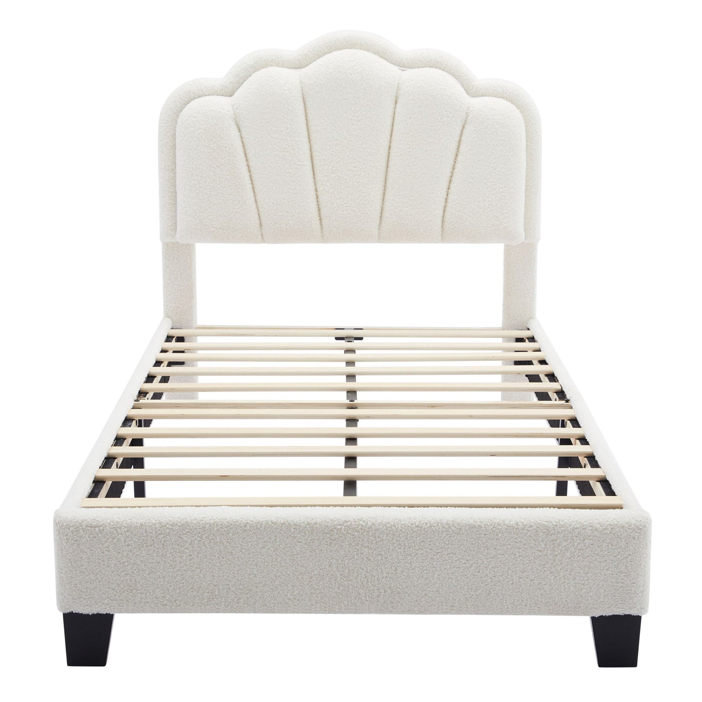 Twin Size Upholstered Flower-Shape Bed, Elegant Flowers Headboard With LED Light Strip, Sherpa Fabric Platform Bed With Slats Support - White