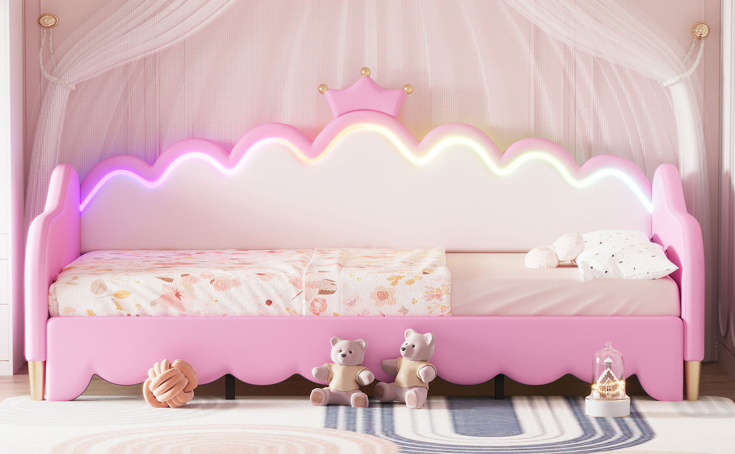 Twin Extending Daybed With LED Lights, Modern Upholstered Princess Daybed With Crown Headboard - Pink