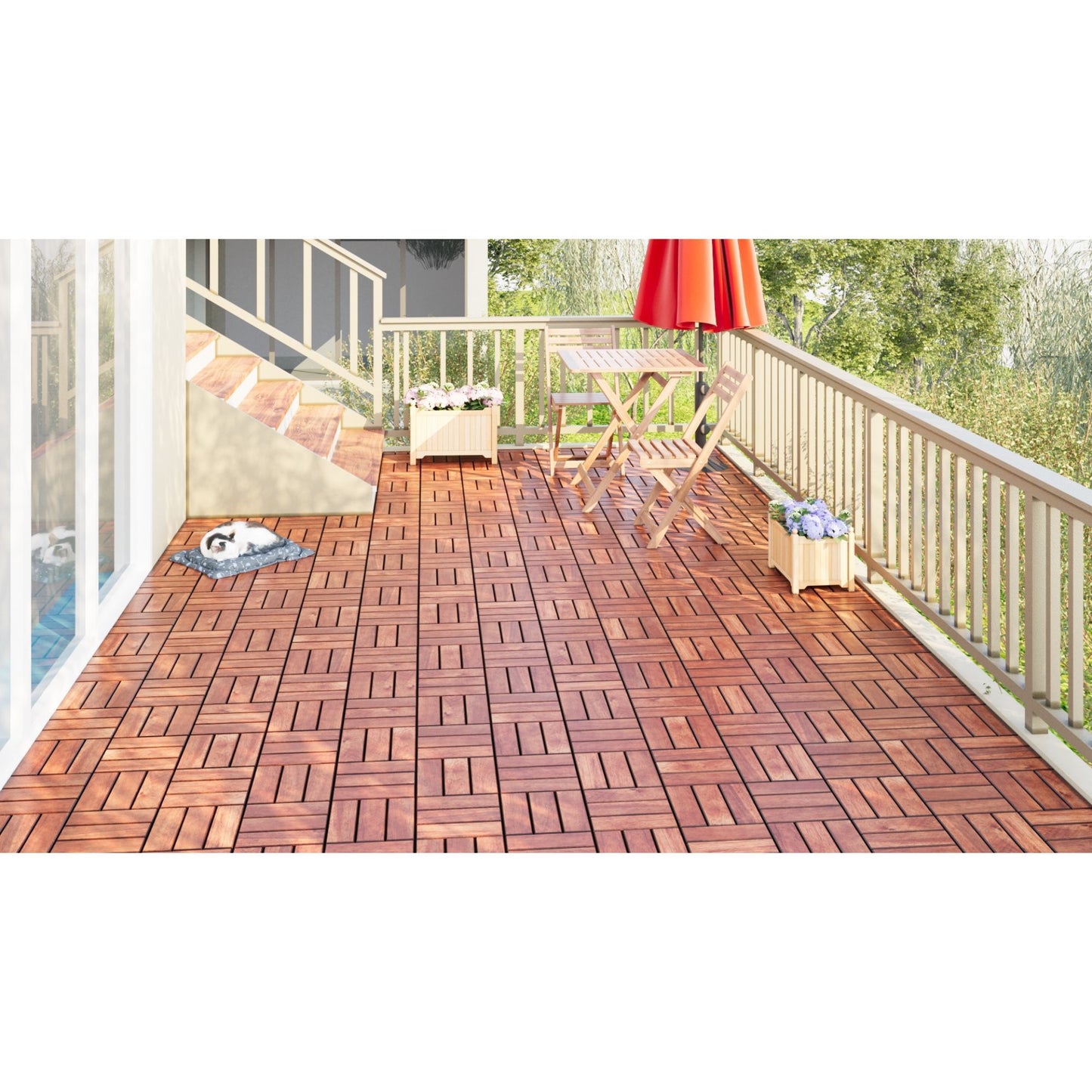 Acacia Wood Interlocking Deck Tiles Checker Pattern, 10 Piece Square Acacia Hardwood Outdoor Flooring For Patio, Bancony, Pool Side - Brown