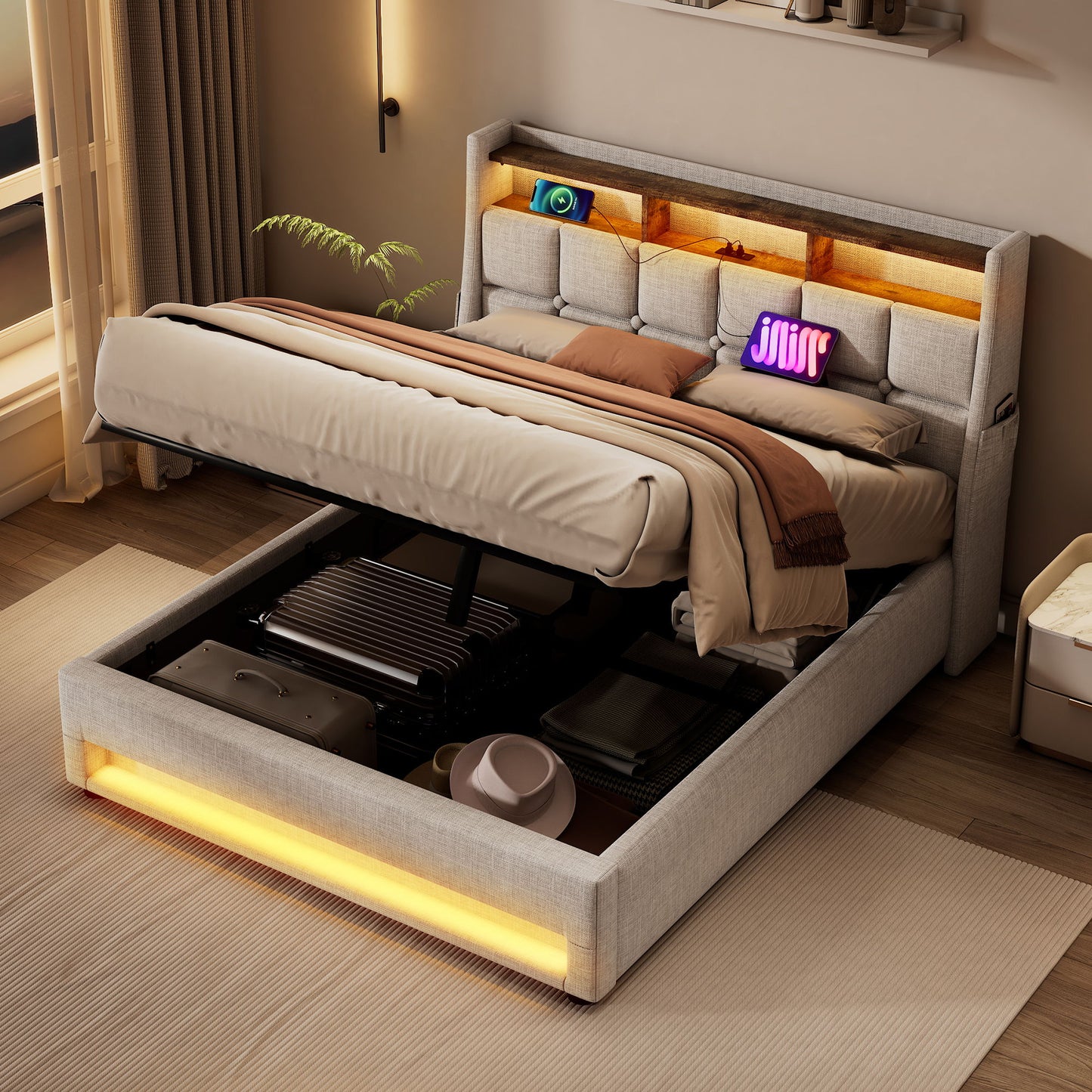Full Size Upholstered Platform Bed With A Hydraulic Storage System, LED And USB Charging (Without Mattress) - Natural
