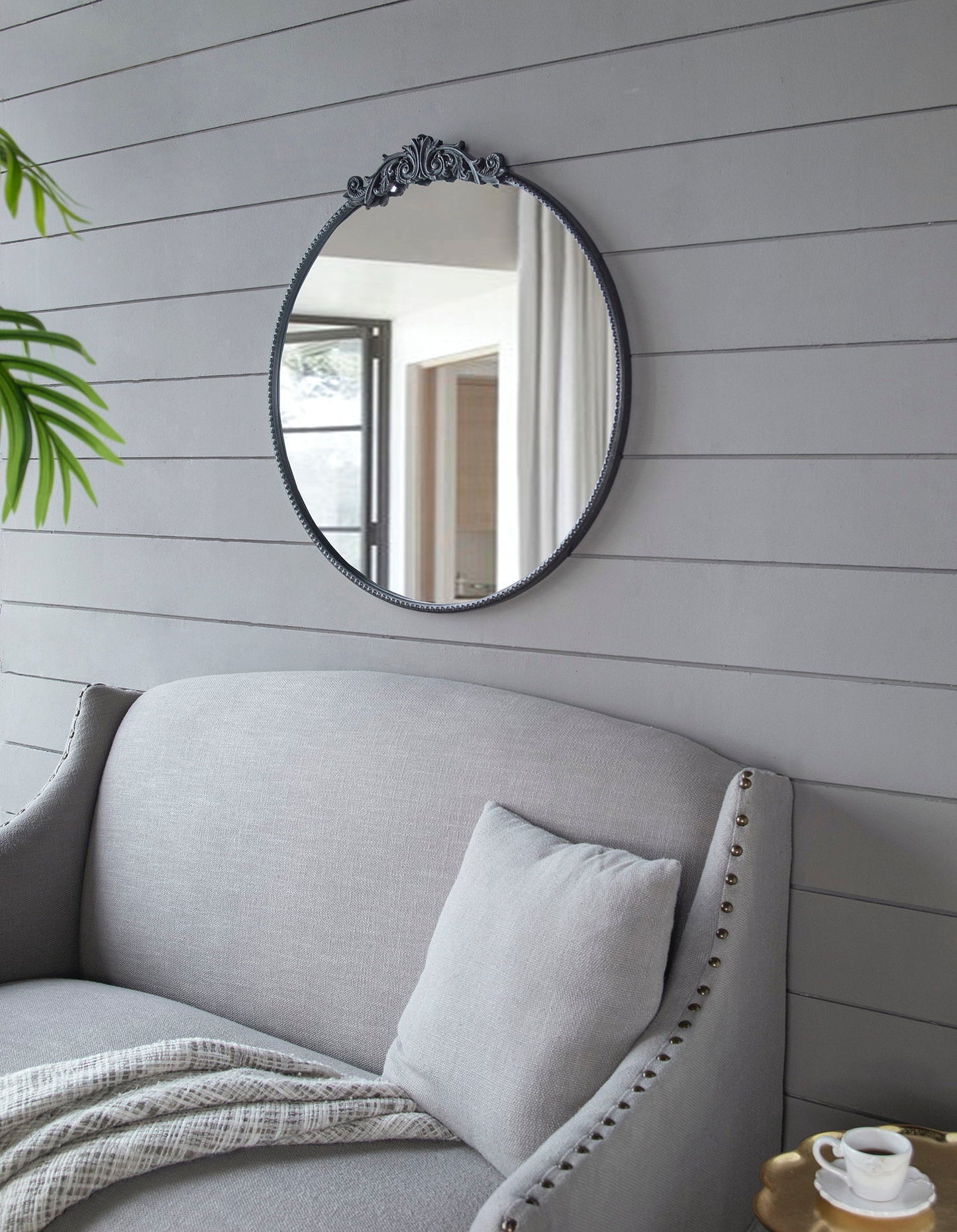 Classic Design Mirror With Round Shape And Baroque Inspired Frame For Bathroom, Entryway Console Lean Against Wall - Black