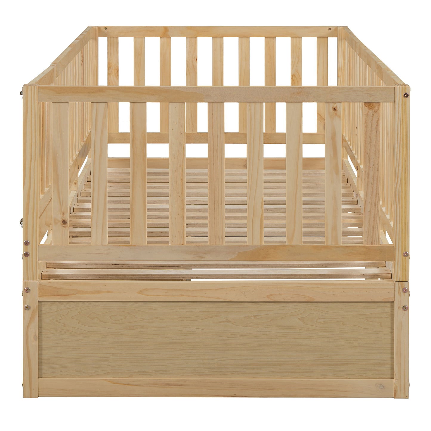 Twin Size Daybed With Fence Guardrails And 2 Drawers, Versatile Split Floor Bed & Daybed - Natural