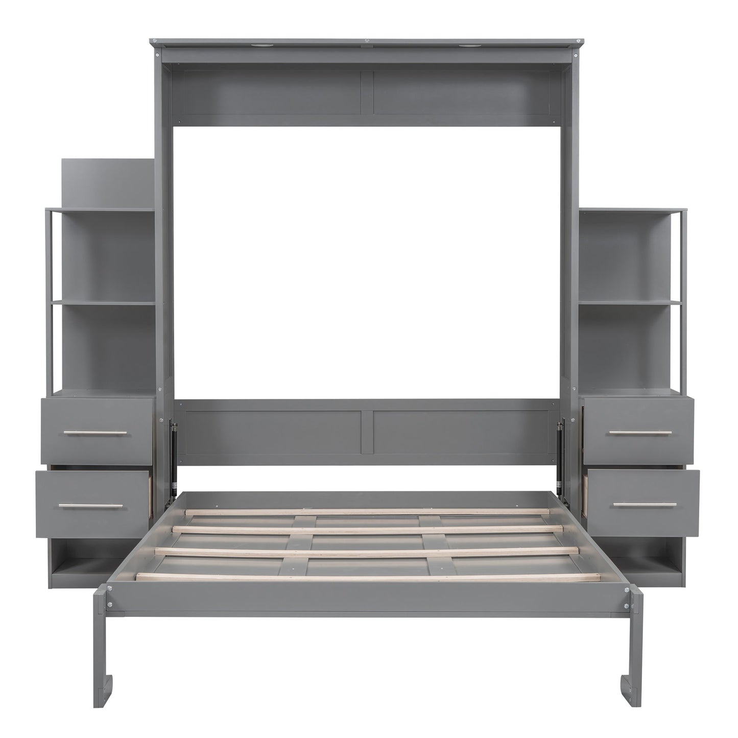 Queen Size Murphy Wall Bed With Shelves, Drawers And LED Lights - Gray