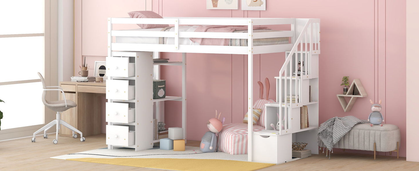 Twin Size Loft Bed With Storage Drawers And Stairs With Shelves - White
