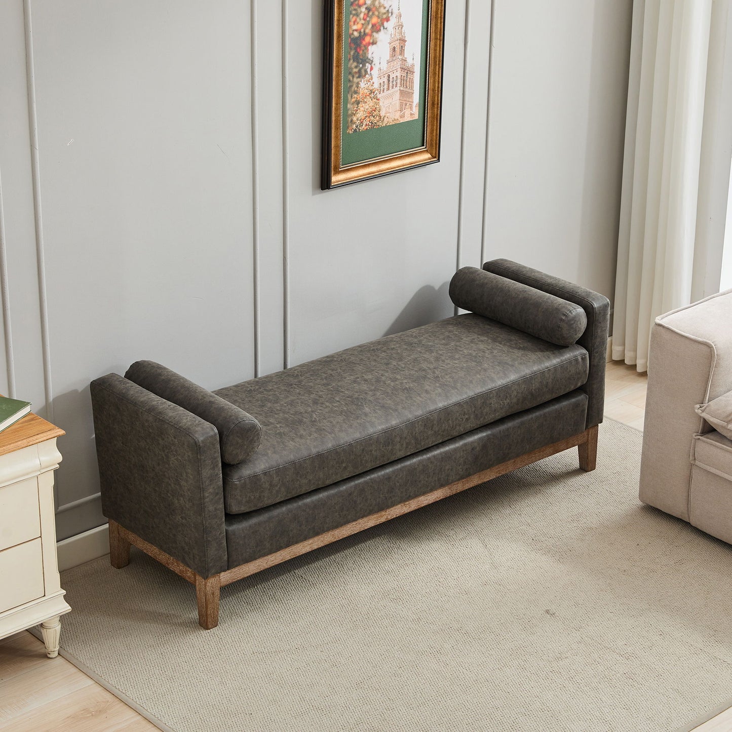 Elegant Upholstered Bench, Daybed, Ottman With Wood Legs & 2 Bolster Pillows For Bedroom, Living Room, Entryway - Gray