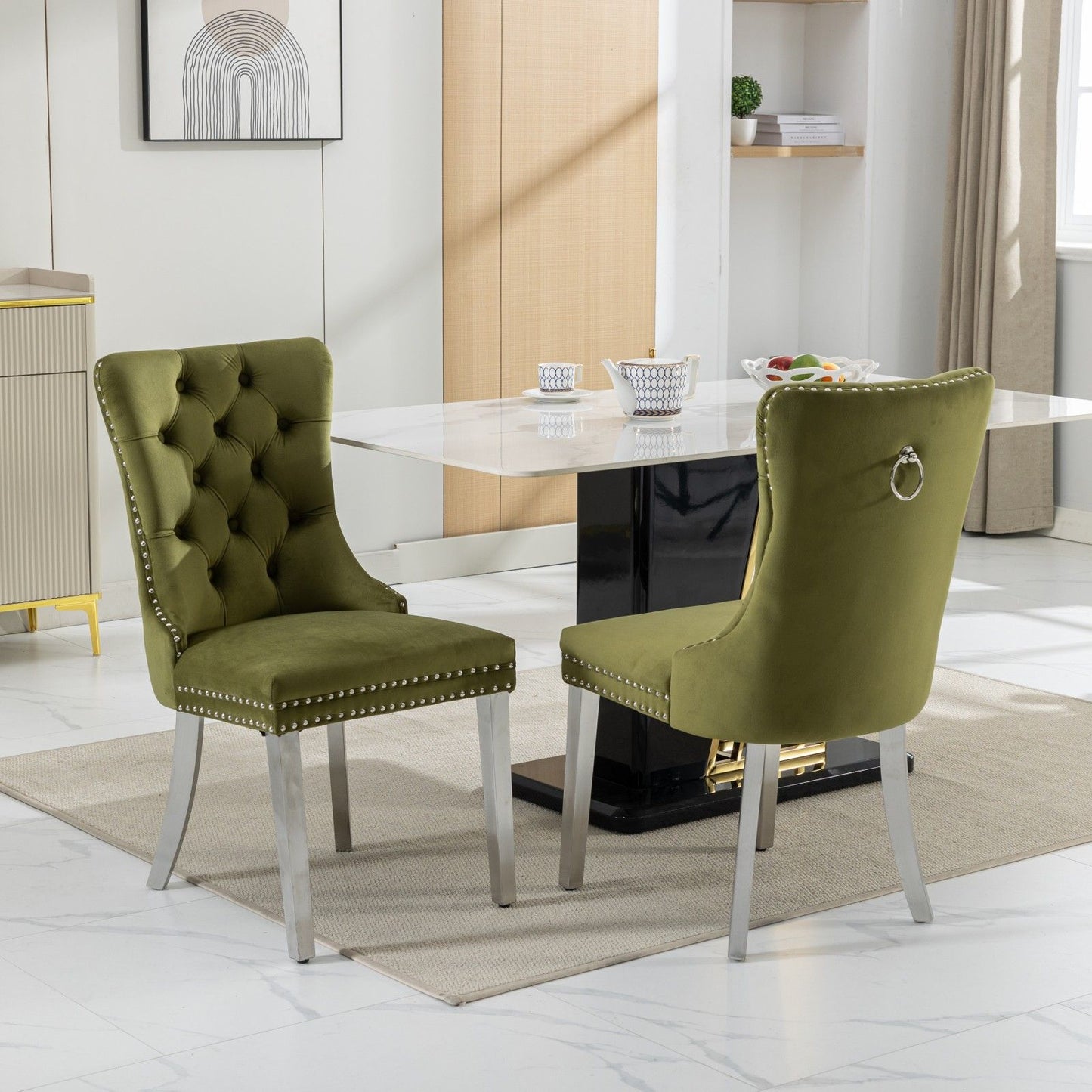 Nikki - Modern, High-End Tufted Solid Wood Contemporary Velvet Upholstered Dining Chair With Chrome Stainless Steel Plating Legs, Nailhead Trim (Set of 2) - Olive Green / Chrome