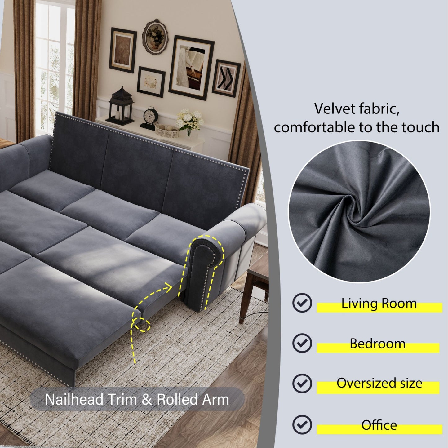 King Pull Out Sofa Bed, Chesterfield Sofa, 3 In 1 Velvet Convertible Sleeper Sofa With Nailhead Trim & Rolled Arm Multifunctional Sofa Bed For Living Room - Gray
