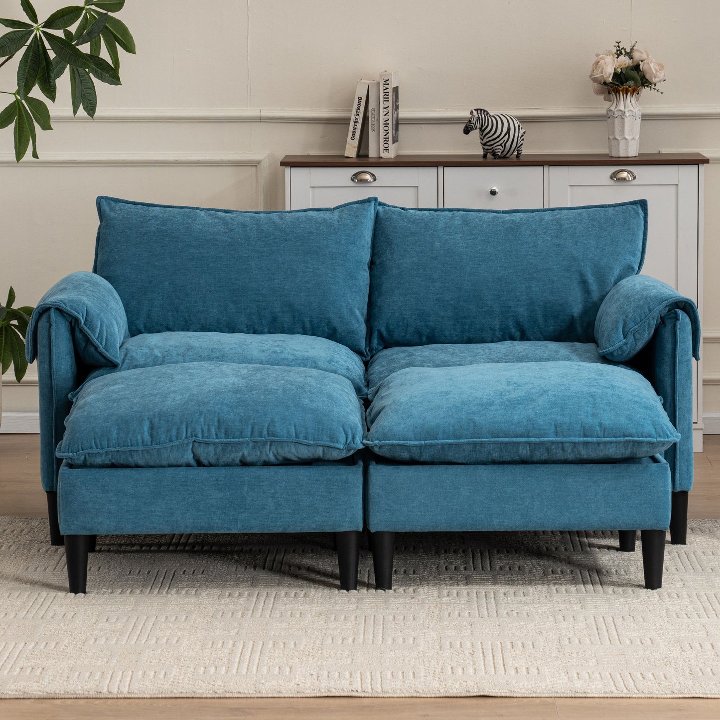 Convertible Combination Sofa, Sofa U Shaped, Sofa With Footstools With Storage Sofa For Living Room, Living Room 2 Seater Combination Sofa - Blue