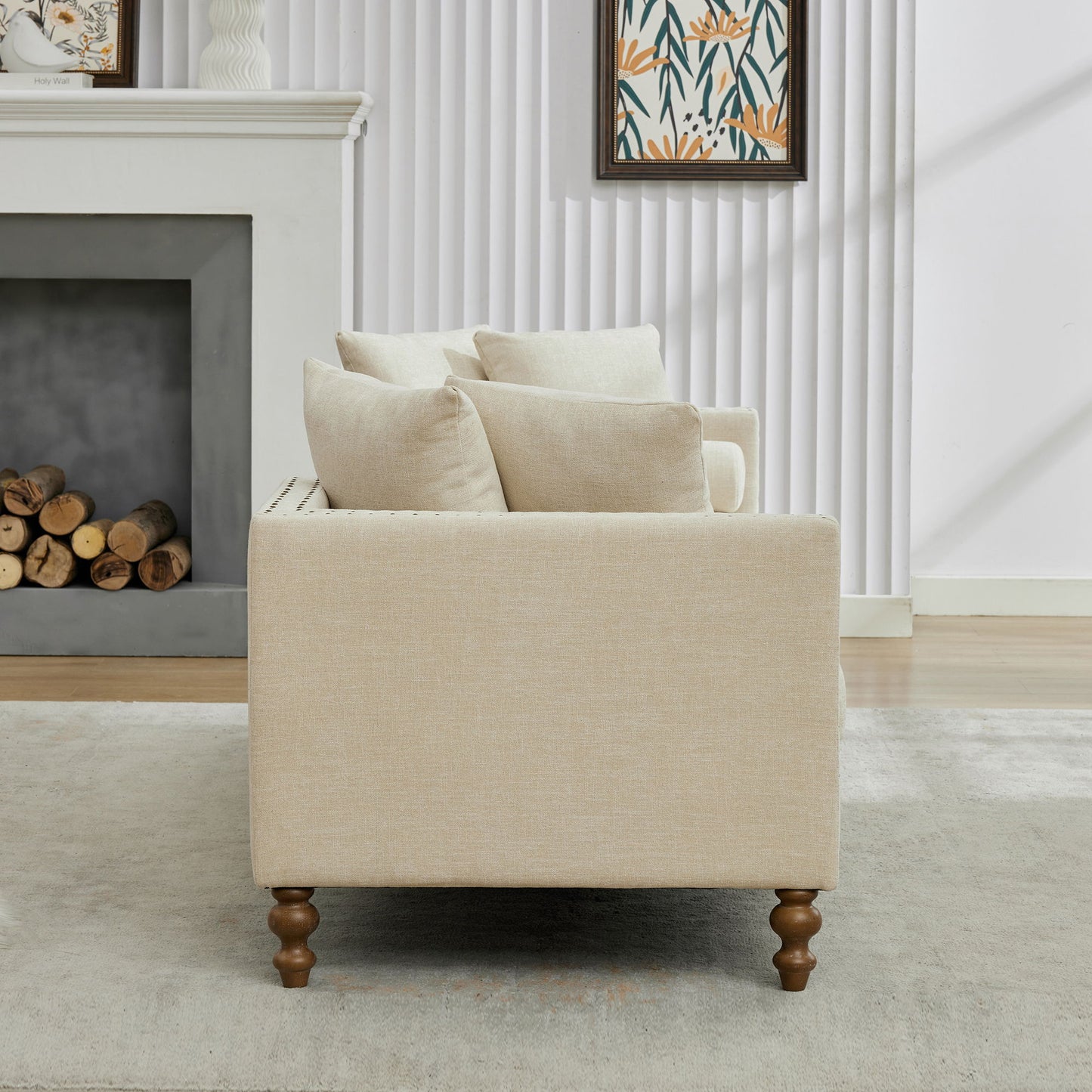 Chenille Upholstered Chaise Lounge With Nailheads, Sleeper Sofa Couch With 4 Throw Pillows & 2 Bolsters, Daybed With Rubberwood Legs - Beige