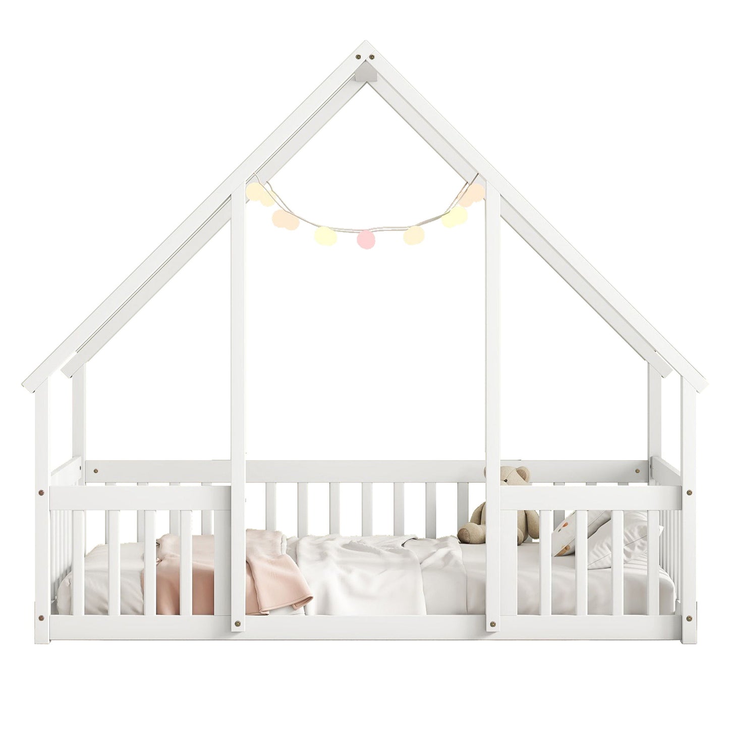 Twin Wood House-Shaped Floor Bed With Fence, Guardrails - White