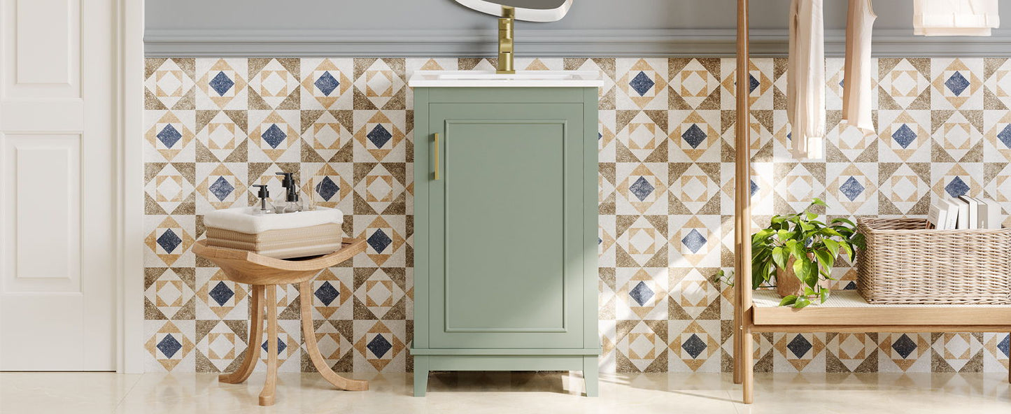 Modern Small Bathroom Vanity Cabinet With Ceramic Basin, Ample Storage, 1 Soft Close Door - Green
