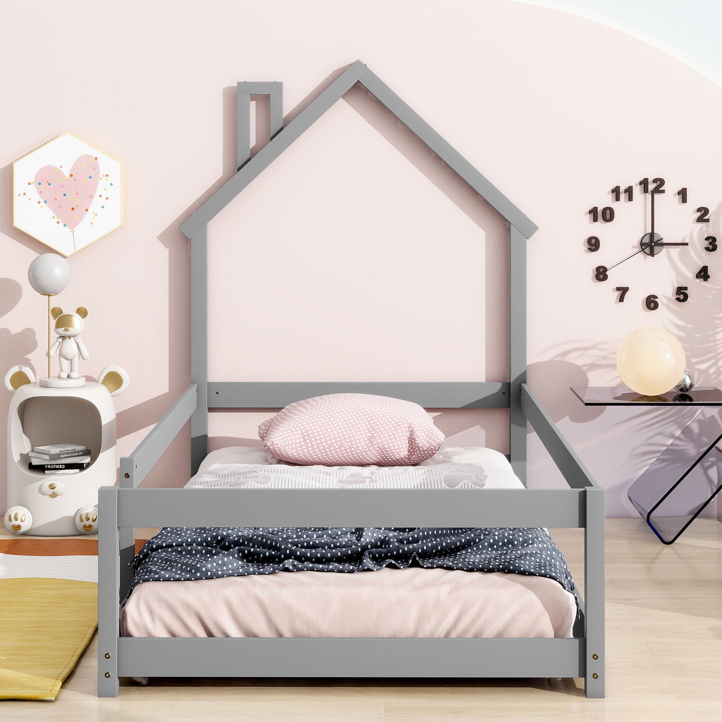 Twin Size Wood Bed With House-Shaped Headboard Floor Bed With Fences - Gray
