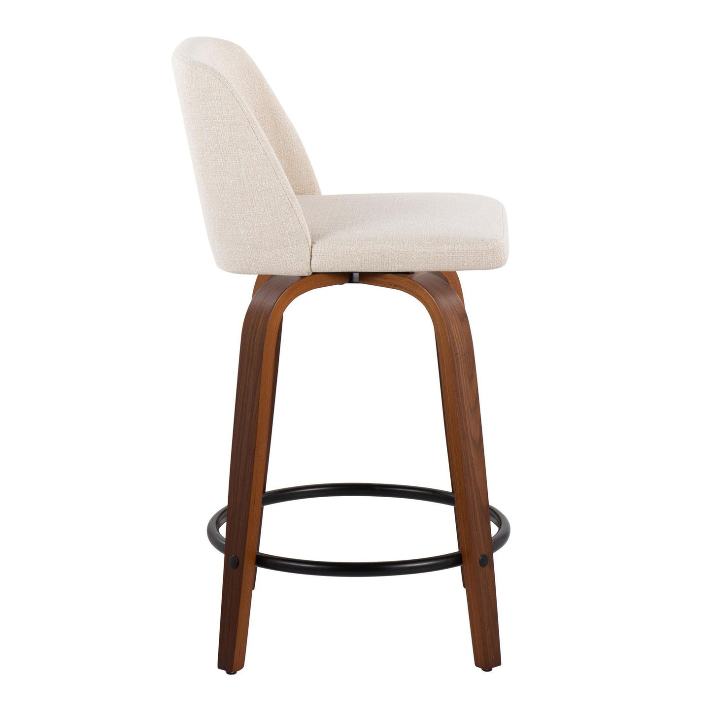 Toriano - Mid-Century Modern Fixed Height Counter Stool With Swivel And Round Footrest (Set of 2) - Walnut / Cream