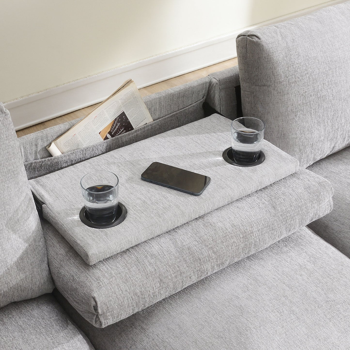 Sectional With Bluetooth Speaker Comfy Cloud Couch Set With Drop Down Table Cup Holders, USB Charger Storage Armrest Wide Seat Sofa - Gray