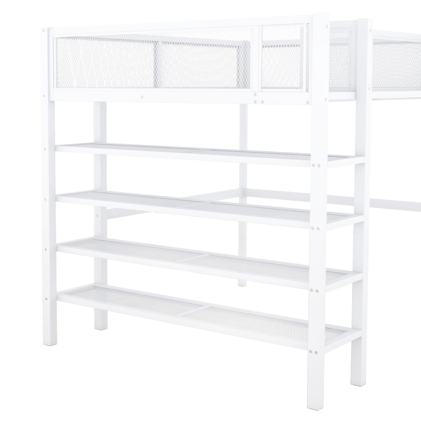 Full Size Loft Bed With 4 Tier Shelves And Storage - White