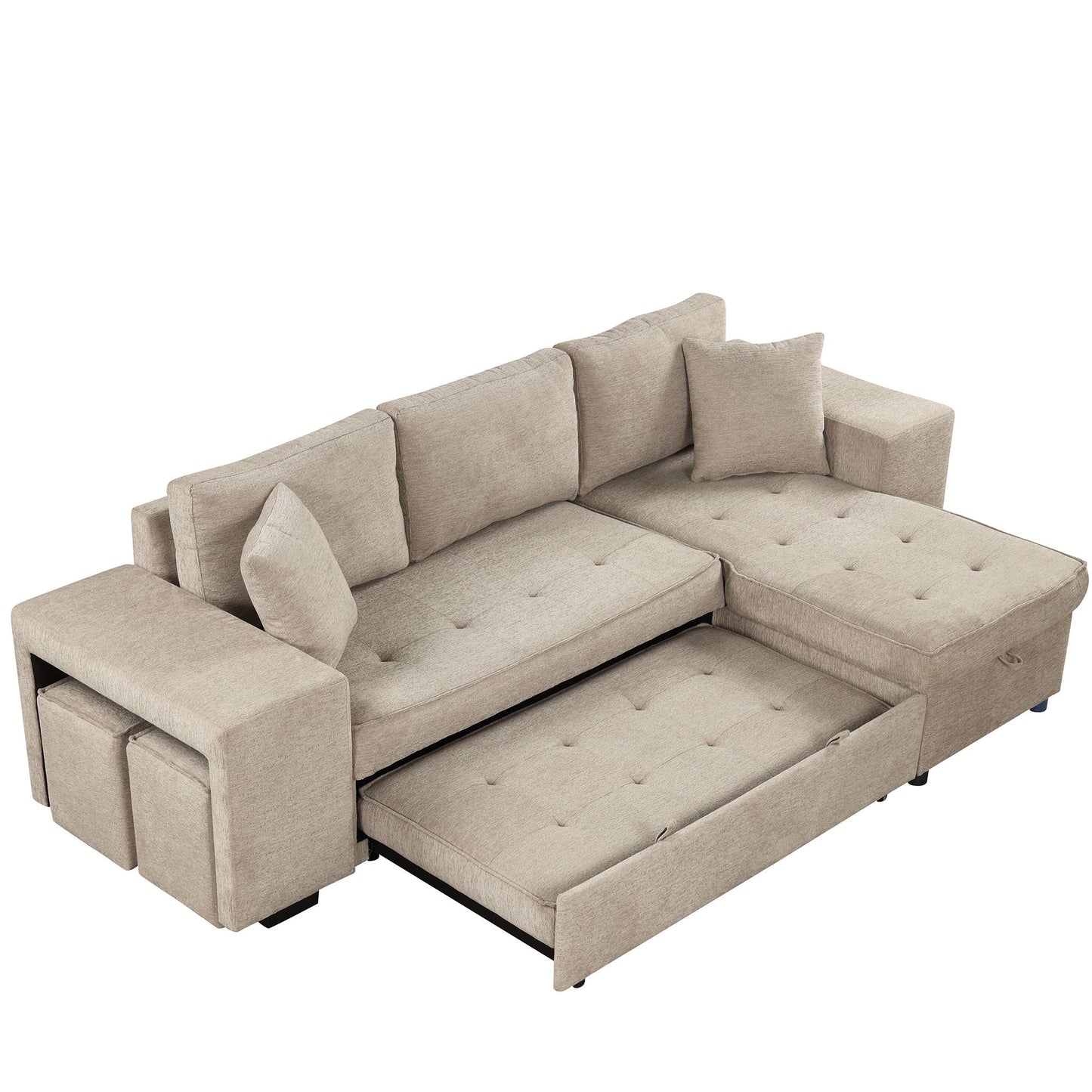 Modern L-Shape 3 Seat Reversible Sectional Couch, Pull Out Sleeper Sofa With Storage Chaise And 2 Stools For Living Room Furniture Set - Cream