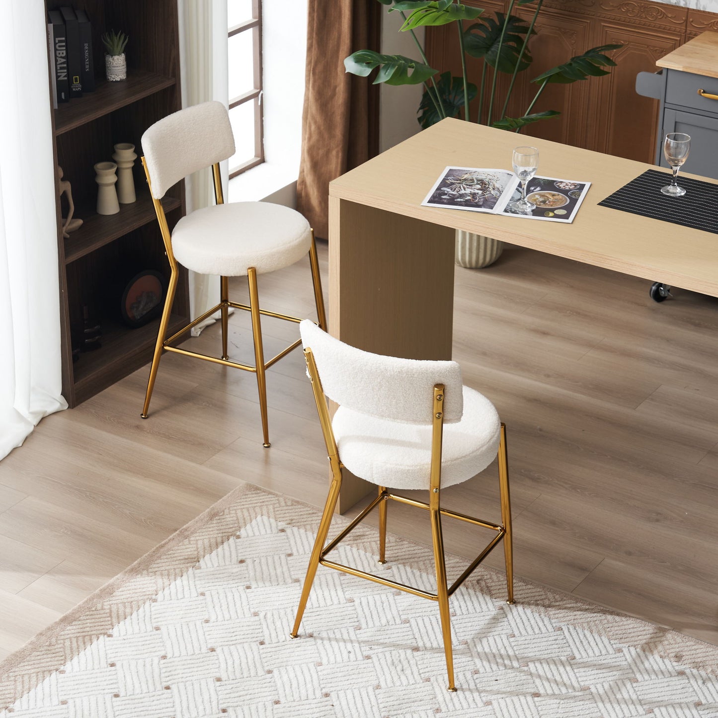 Modern Teddy Fabric Upholstered Bar Stools (Set of 2) - White / Gold