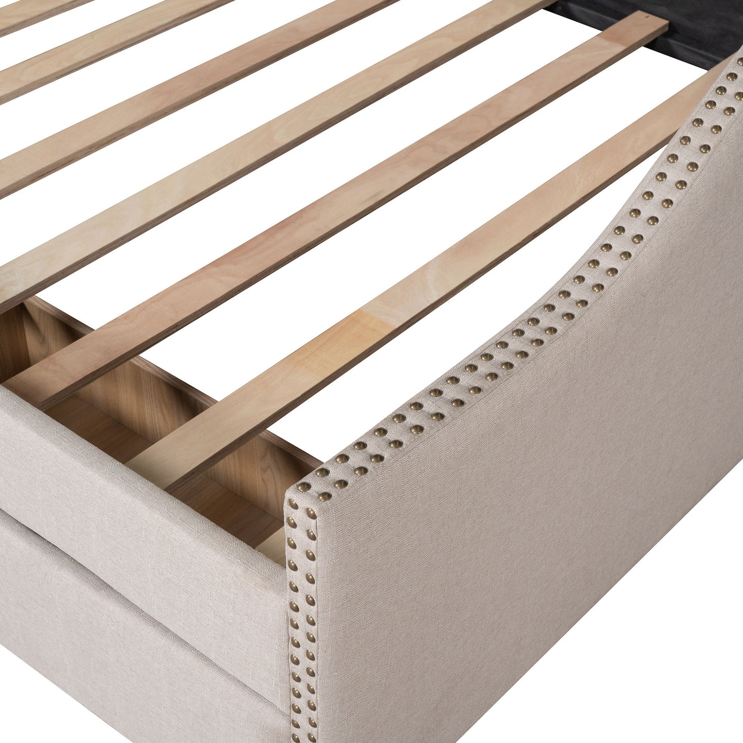 Full Size Upholstered Daybed With Two Drawers, Slat Support - Beige