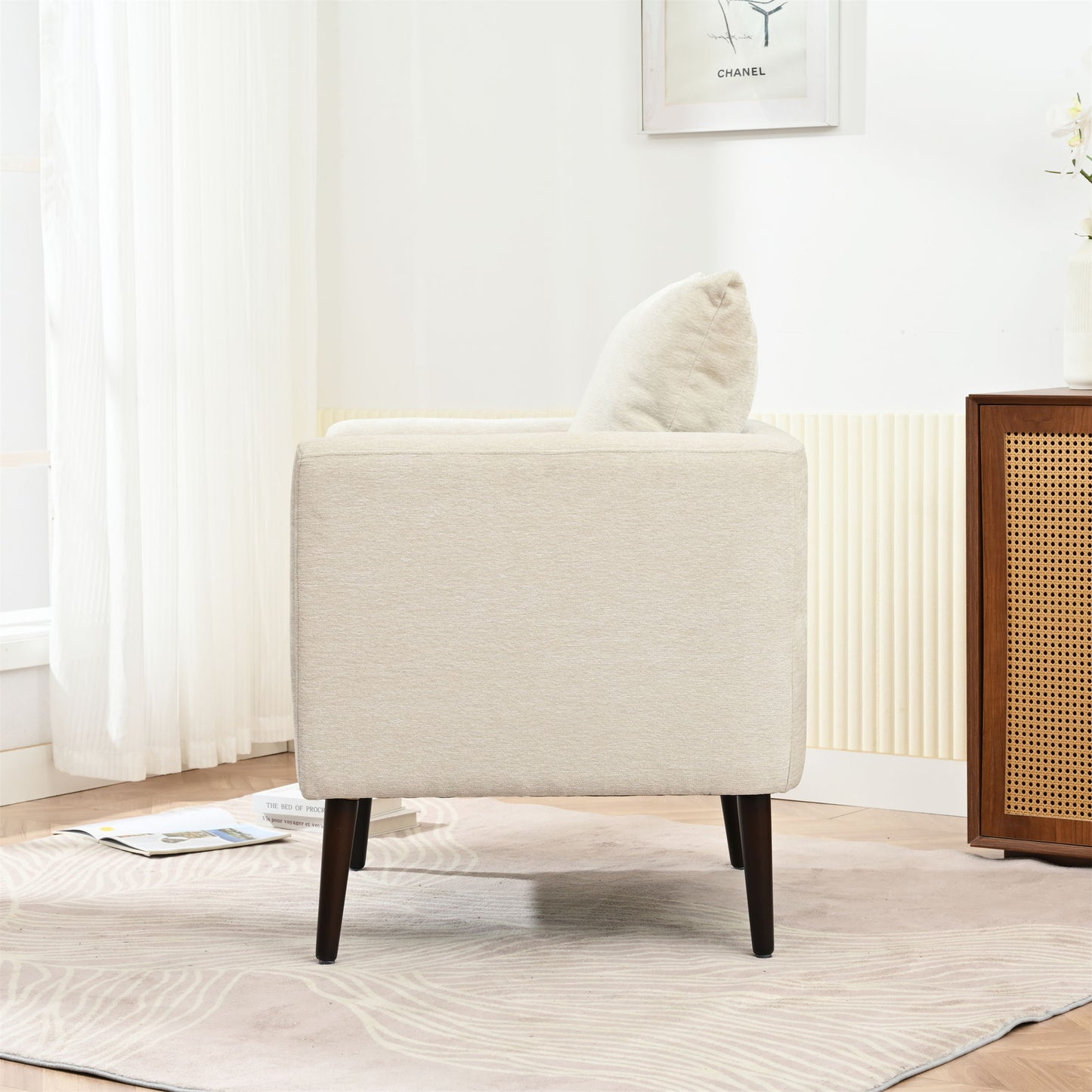 Modern Chenille Accent Chair, Upholstered Armchair For Living Room, Mid Century Fabric Lounge Chair With Pillow, Comfortable Reading Chair With Wood Legs For Living Room, Reception Room - Beige