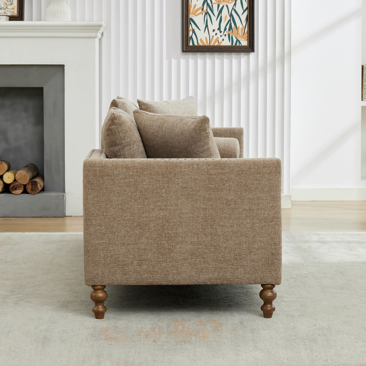 Upholstered Chaise Lounge Indoor With Nailheads, Sleeper Sofa Couch With 4 Throw Pillows & 2 Bolsters, Daybed With Rubberwood Legs - Taupe
