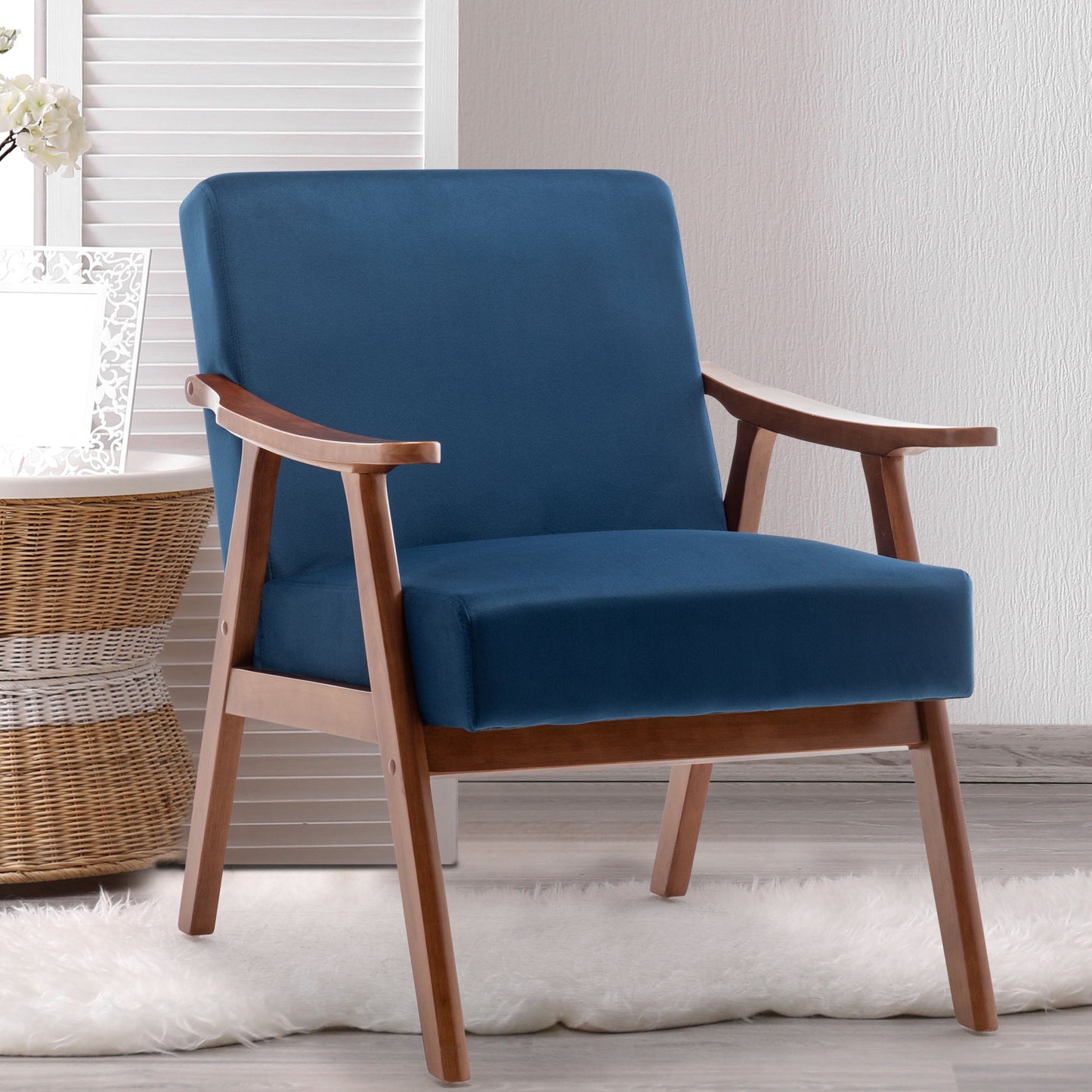 Mid Century Modern Wingback Accent Chair With Solid Wood Frame And Extra Thick Backrest - Lounge Chair For Living Room, Bedroom, Or Reading Room - Blue