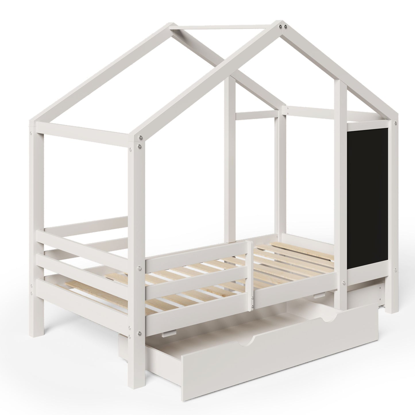 Twin House Bed With Blackboard And Drawers, 2 Assembly Options - White