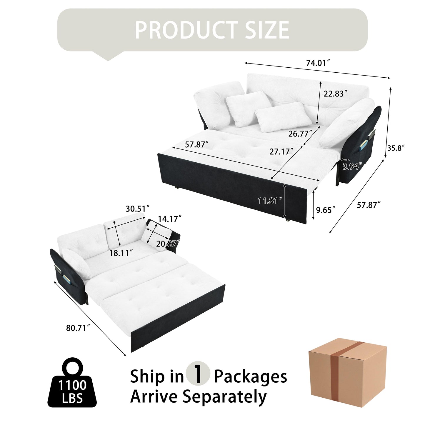 Modern Convertible Sleeper Sofa Bed With Pull Out Queen Design, Side Storage & Thick Cushions Chenille Loveseat For Living Room Or Bedroom 3 In 1 Function - - White